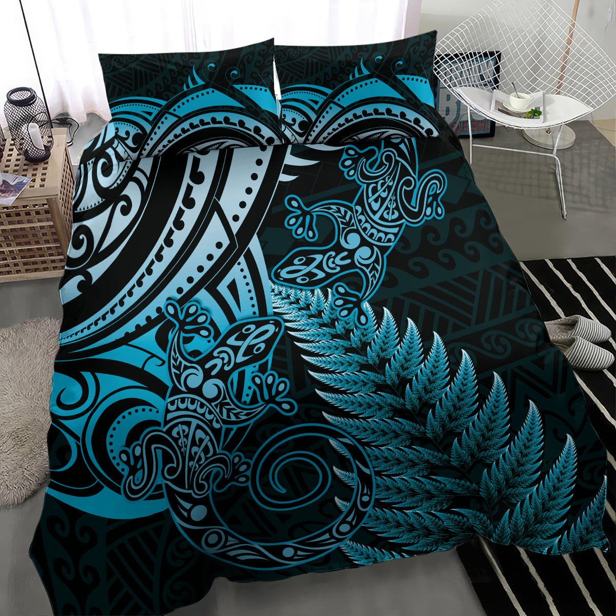 New Zealand Lizard Bedding Set Silver Fern Aotearoa Maori Blue Version - Vibe Hoodie Shop
