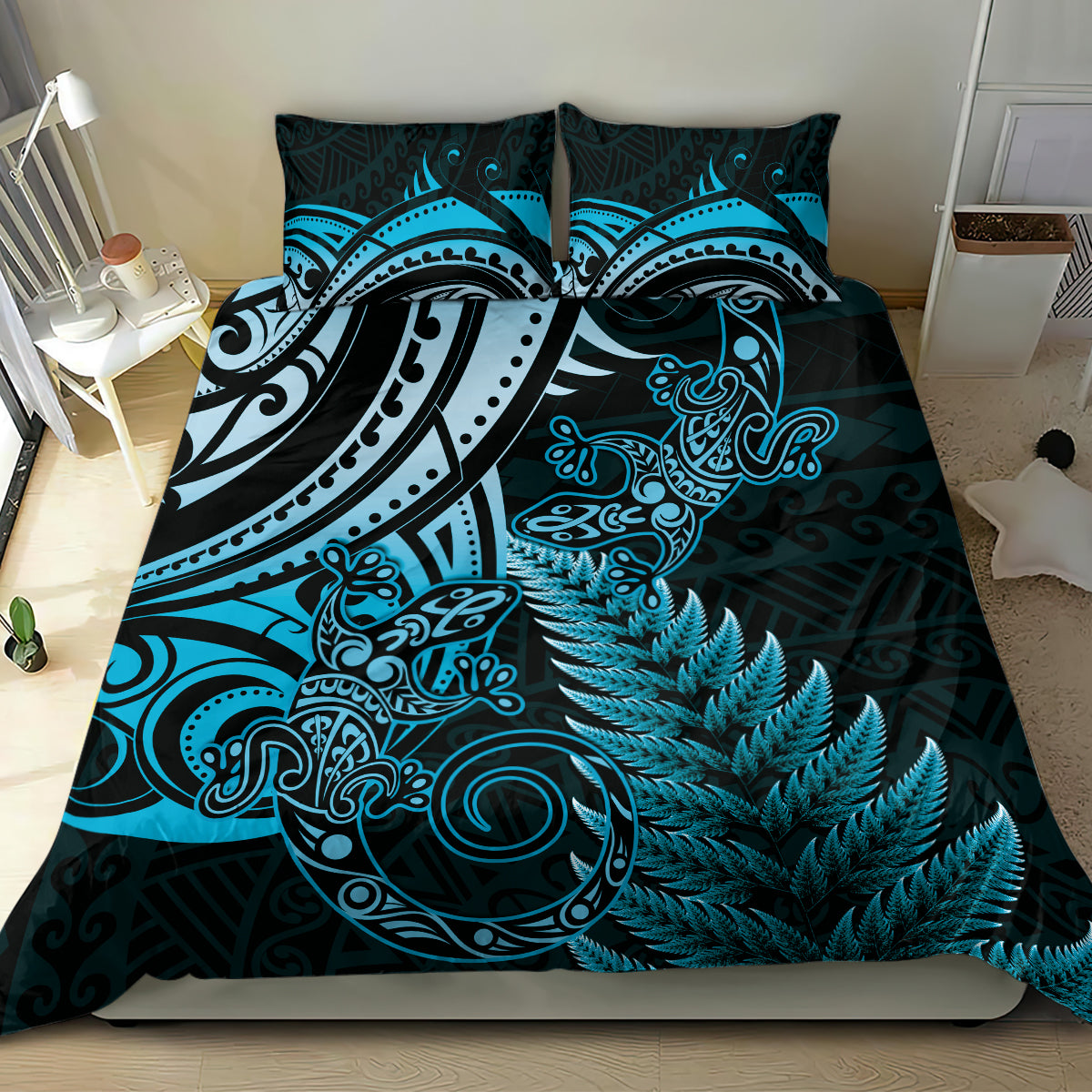 New Zealand Lizard Bedding Set Silver Fern Aotearoa Maori Blue Version - Vibe Hoodie Shop