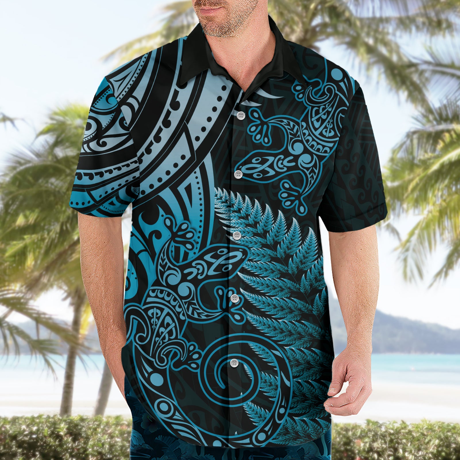 New Zealand Lizard Hawaiian Shirt Silver Fern Aotearoa Maori Blue Version - Vibe Hoodie Shop