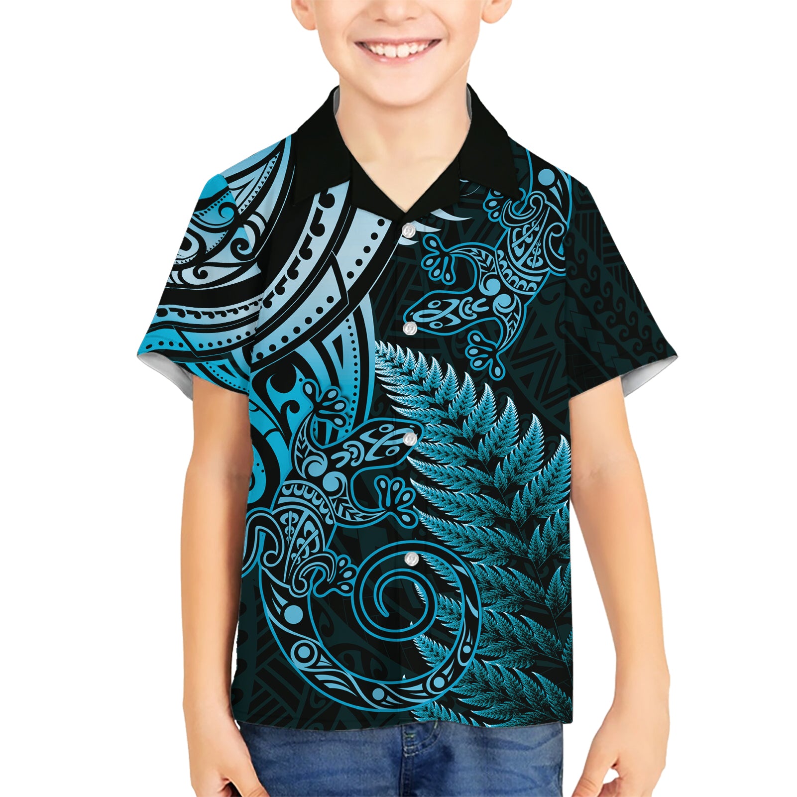 New Zealand Lizard Hawaiian Shirt Silver Fern Aotearoa Maori Blue Version - Vibe Hoodie Shop