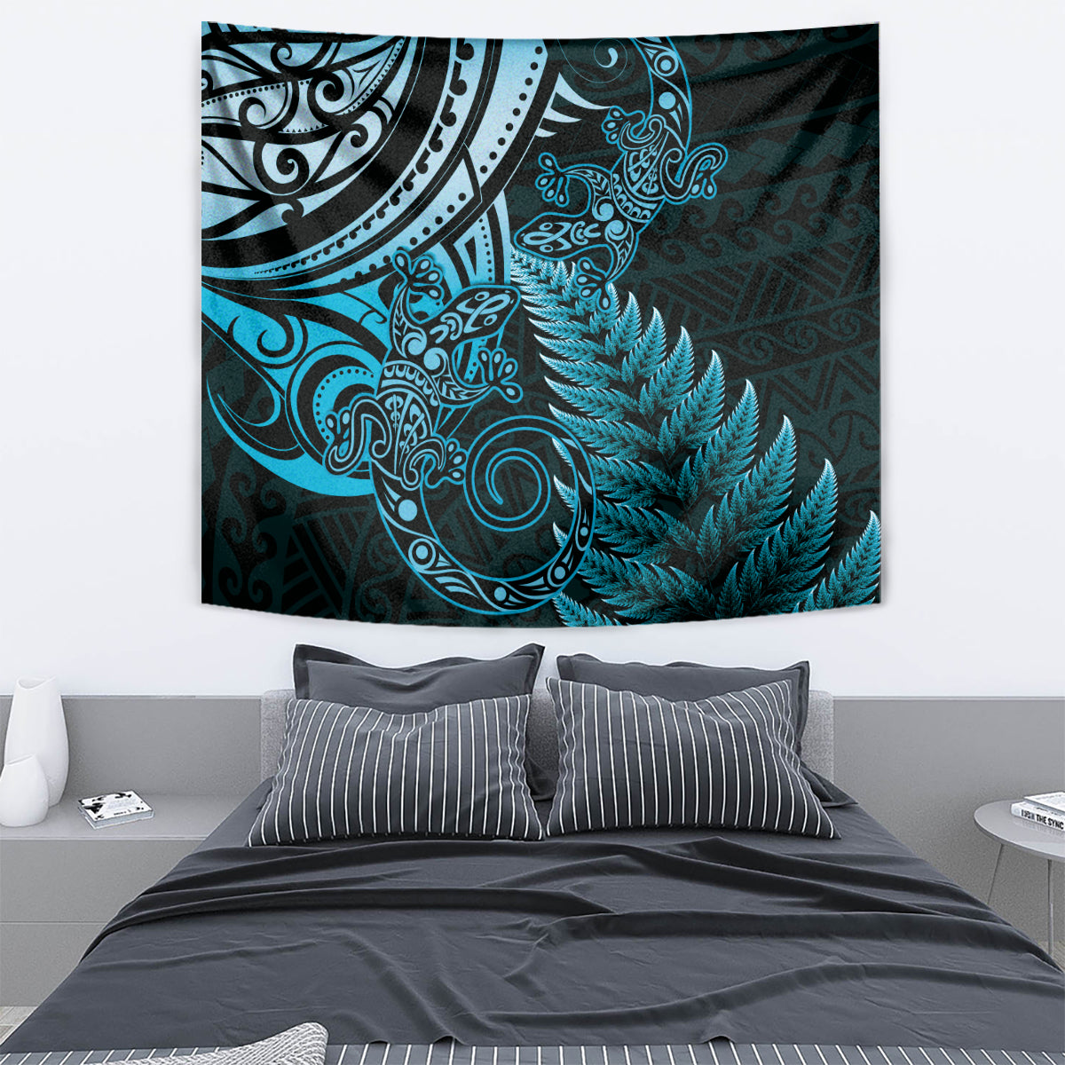 New Zealand Lizard Tapestry Silver Fern Aotearoa Maori Blue Version - Vibe Hoodie Shop