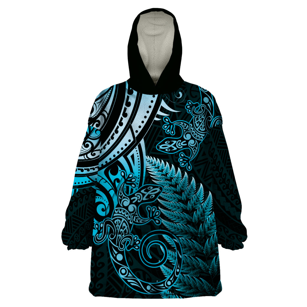 New Zealand Lizard Wearable Blanket Hoodie Silver Fern Aotearoa Maori Blue Version - Vibe Hoodie Shop