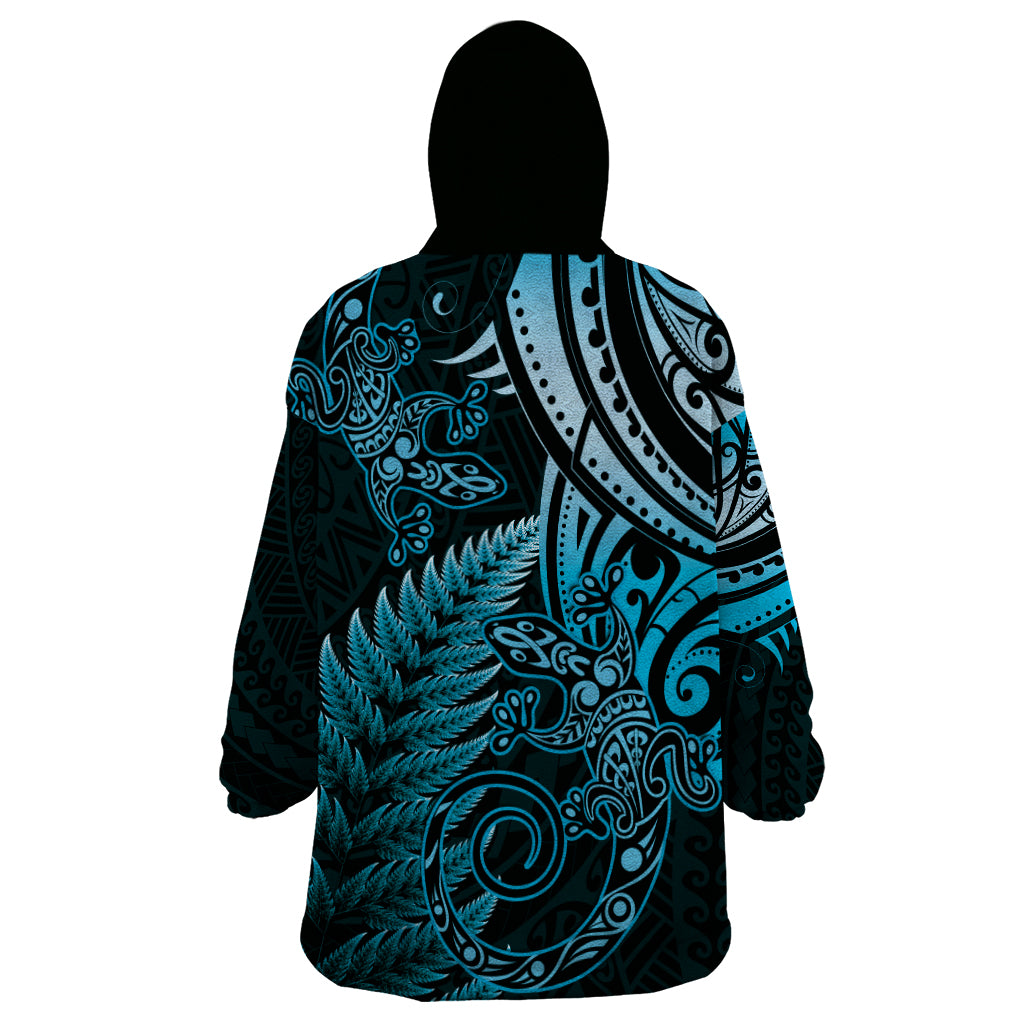 New Zealand Lizard Wearable Blanket Hoodie Silver Fern Aotearoa Maori Blue Version - Vibe Hoodie Shop