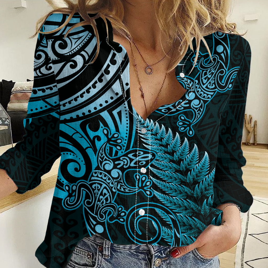 New Zealand Lizard Women Casual Shirt Silver Fern Aotearoa Maori Blue Version - Vibe Hoodie Shop