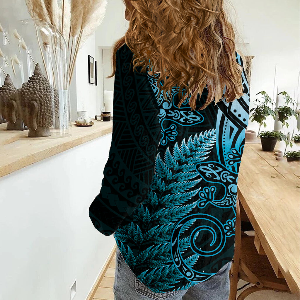 New Zealand Lizard Women Casual Shirt Silver Fern Aotearoa Maori Blue Version - Vibe Hoodie Shop