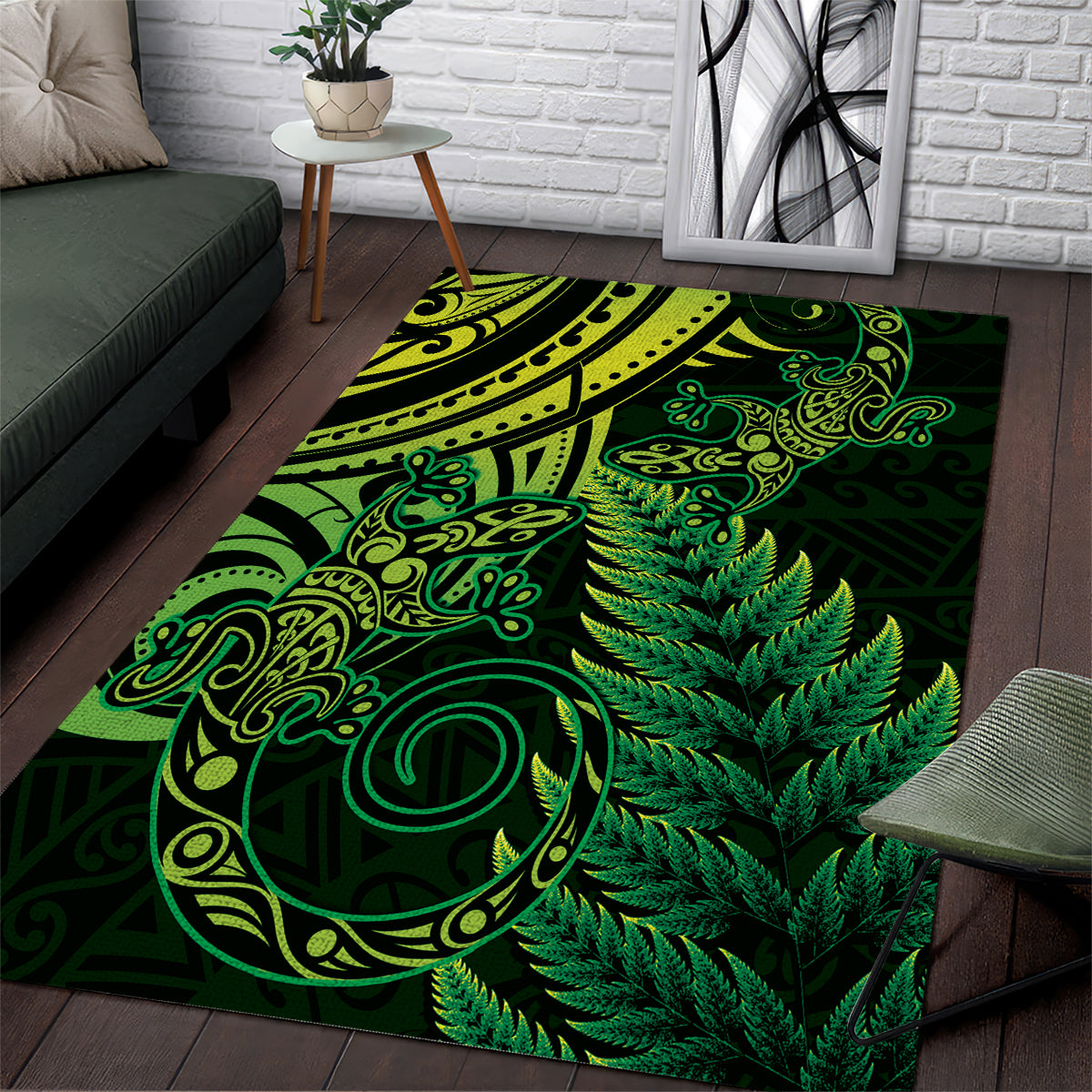 New Zealand Lizard Area Rug Silver Fern Aotearoa Maori Green Version - Vibe Hoodie Shop