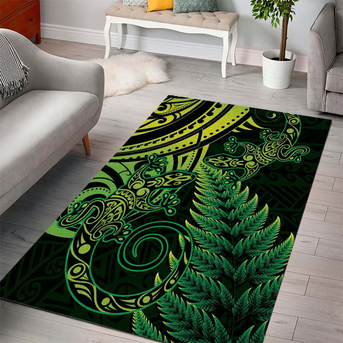 New Zealand Lizard Area Rug Silver Fern Aotearoa Maori Green Version - Vibe Hoodie Shop