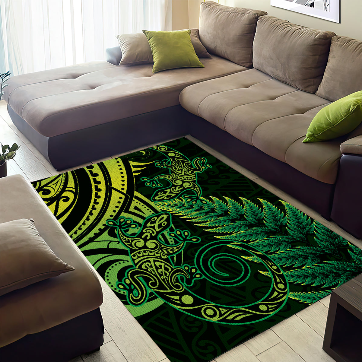 New Zealand Lizard Area Rug Silver Fern Aotearoa Maori Green Version - Vibe Hoodie Shop