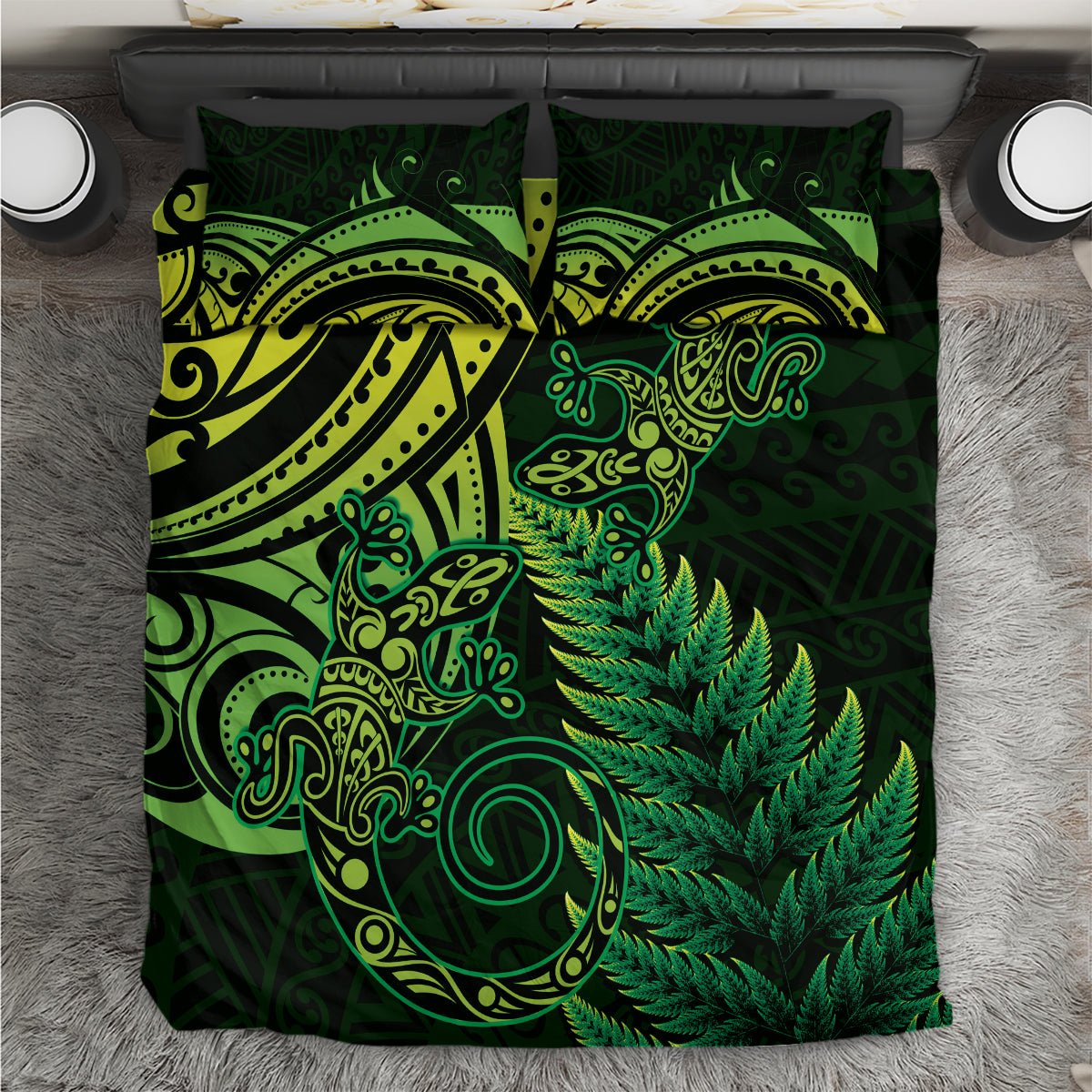 New Zealand Lizard Bedding Set Silver Fern Aotearoa Maori Green Version - Vibe Hoodie Shop