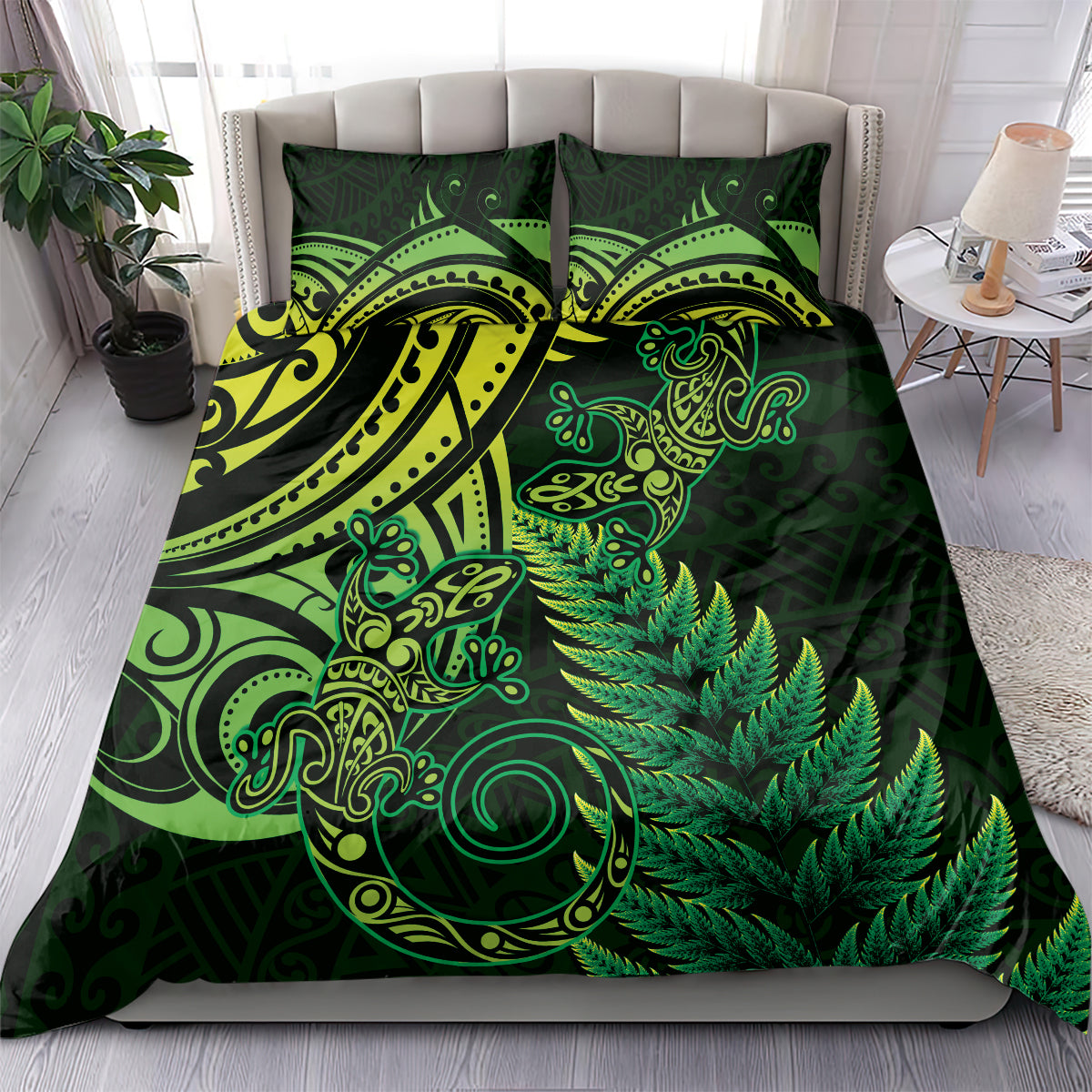 New Zealand Lizard Bedding Set Silver Fern Aotearoa Maori Green Version - Vibe Hoodie Shop