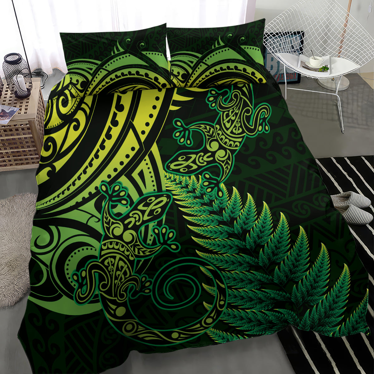 New Zealand Lizard Bedding Set Silver Fern Aotearoa Maori Green Version - Vibe Hoodie Shop
