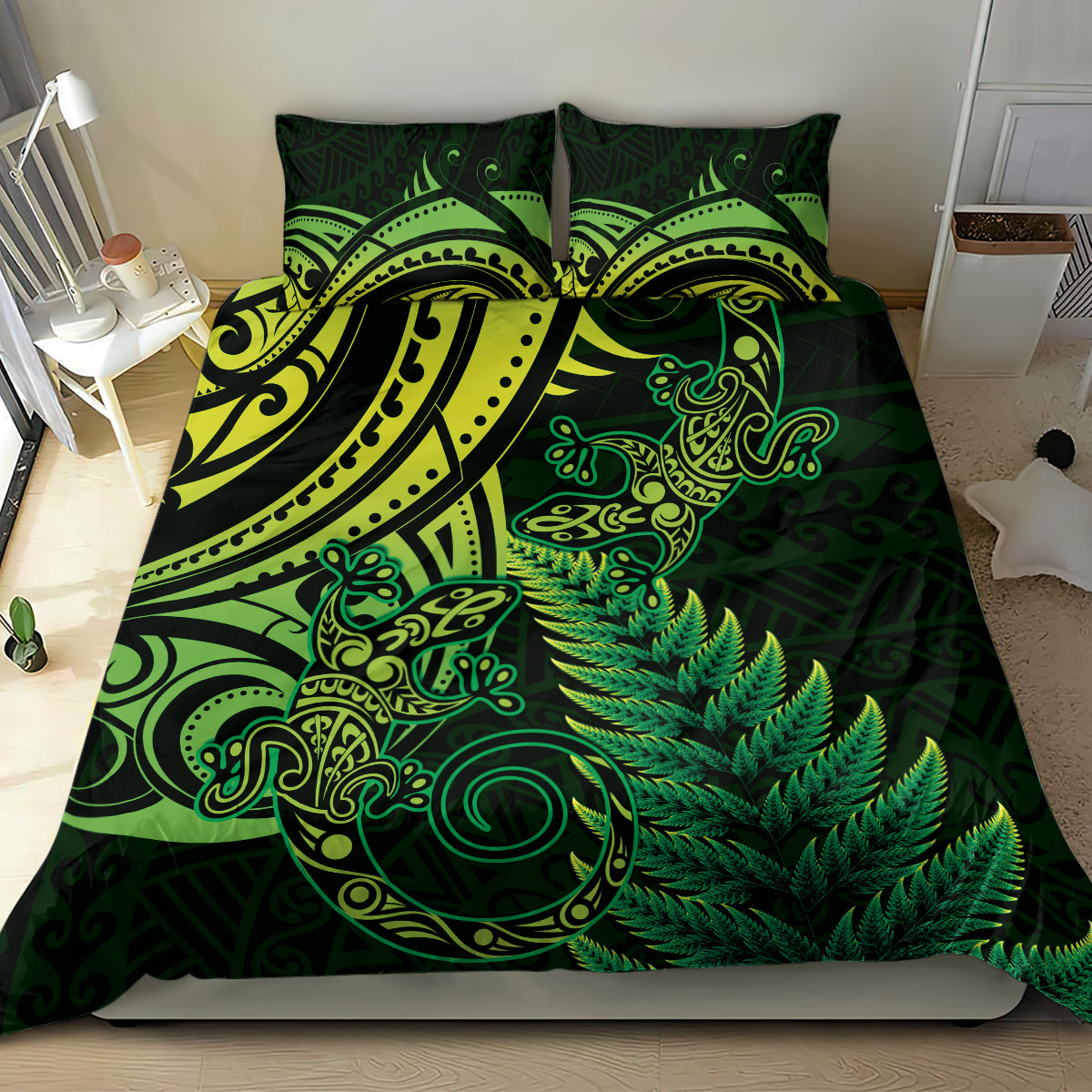 New Zealand Lizard Bedding Set Silver Fern Aotearoa Maori Green Version - Vibe Hoodie Shop