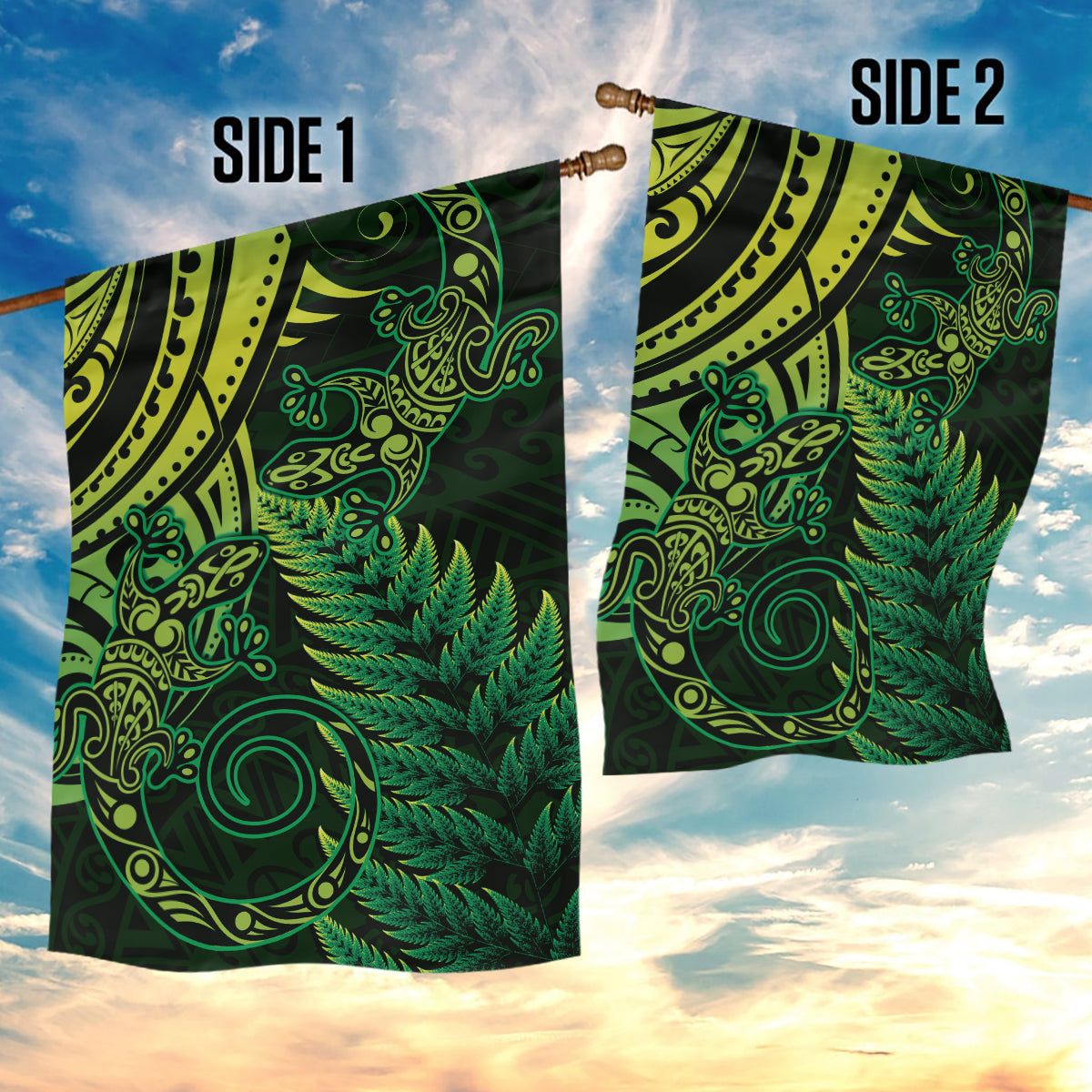 New Zealand Lizard Garden Flag Silver Fern Aotearoa Maori Green Version - Vibe Hoodie Shop