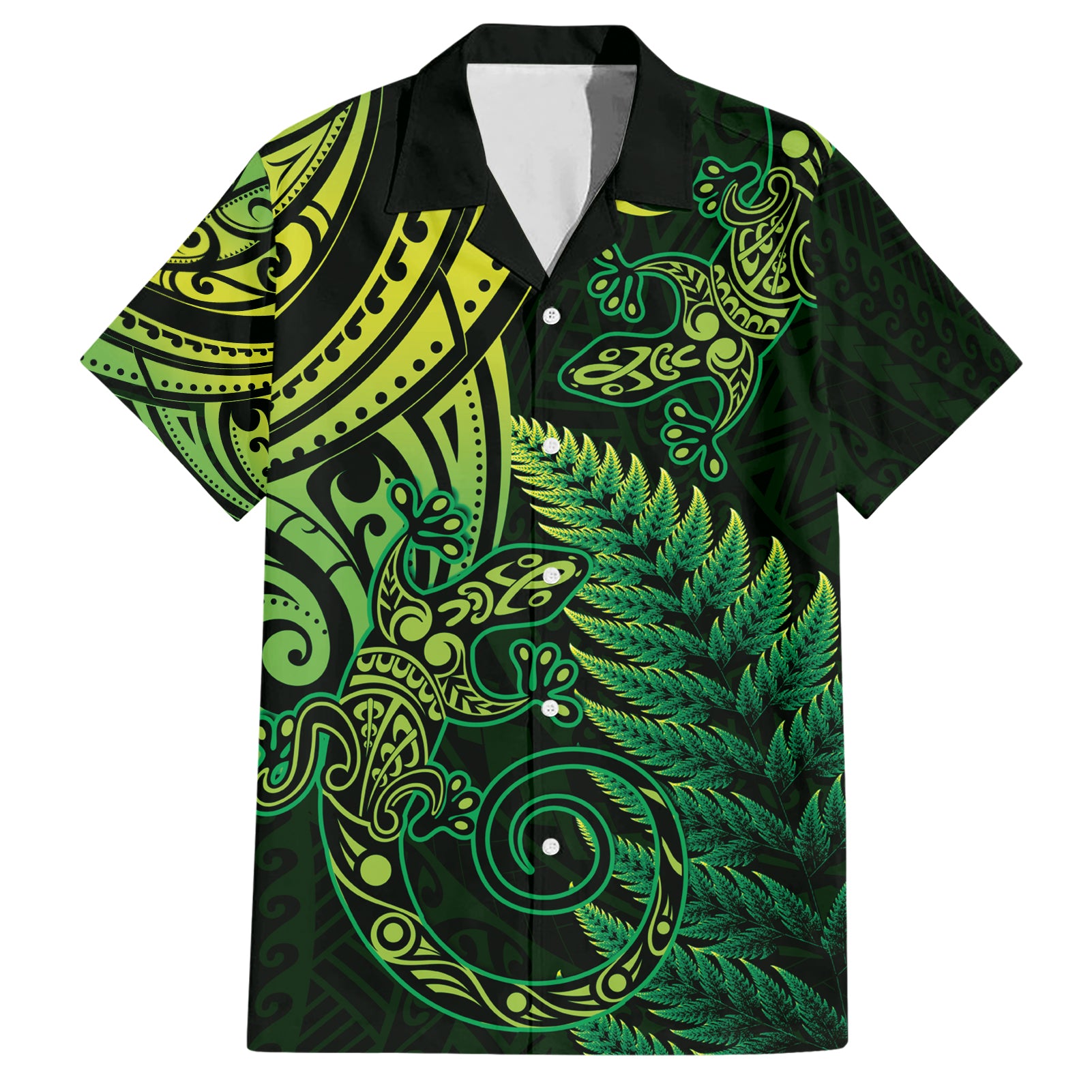 New Zealand Lizard Hawaiian Shirt Silver Fern Aotearoa Maori Green Version - Vibe Hoodie Shop