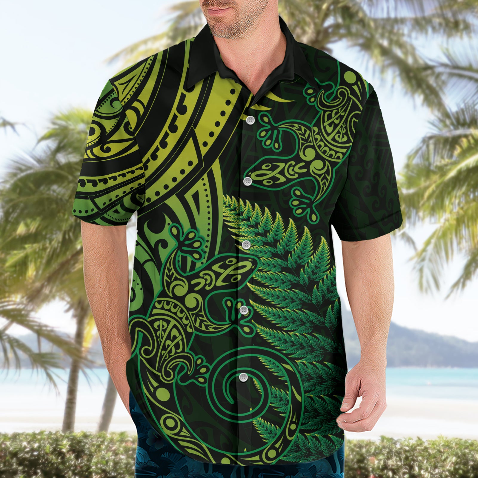 New Zealand Lizard Hawaiian Shirt Silver Fern Aotearoa Maori Green Version - Vibe Hoodie Shop