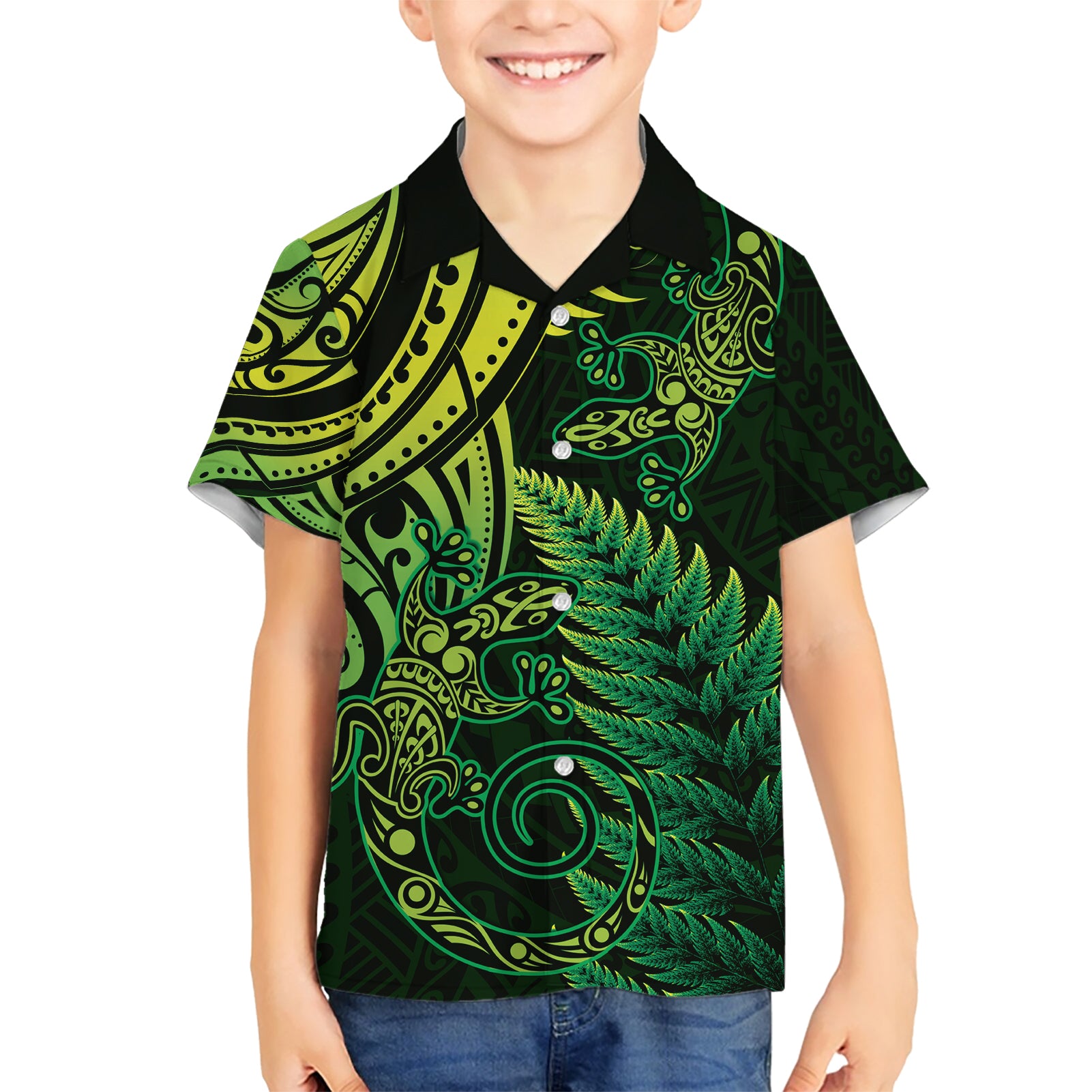 New Zealand Lizard Hawaiian Shirt Silver Fern Aotearoa Maori Green Version - Vibe Hoodie Shop