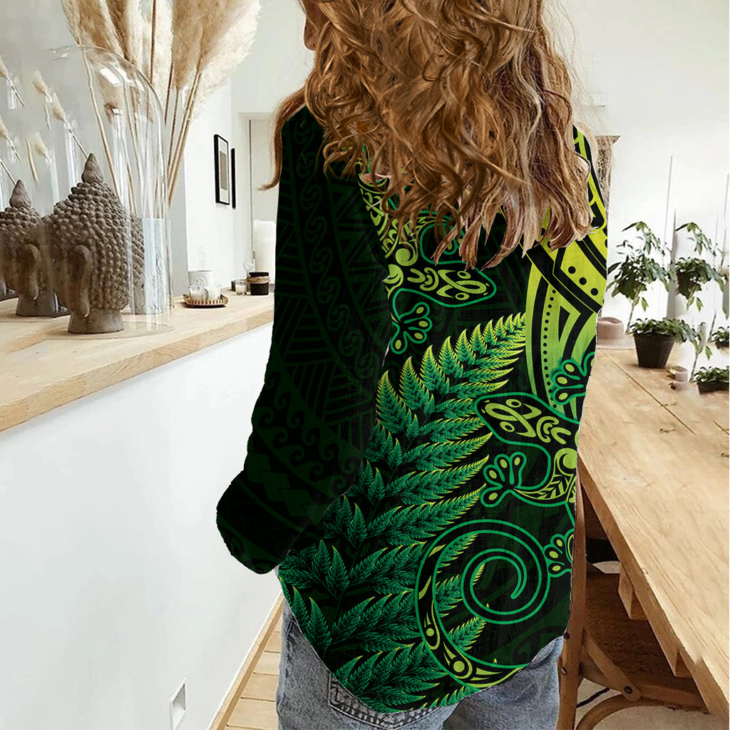 New Zealand Lizard Women Casual Shirt Silver Fern Aotearoa Maori Green Version - Vibe Hoodie Shop