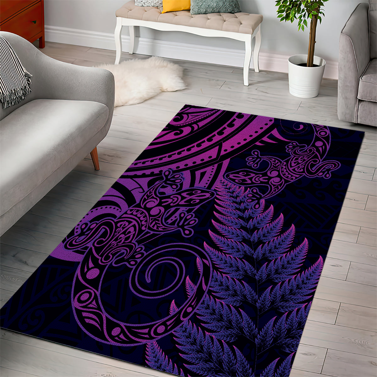 New Zealand Lizard Area Rug Silver Fern Aotearoa Maori Purple Version - Vibe Hoodie Shop