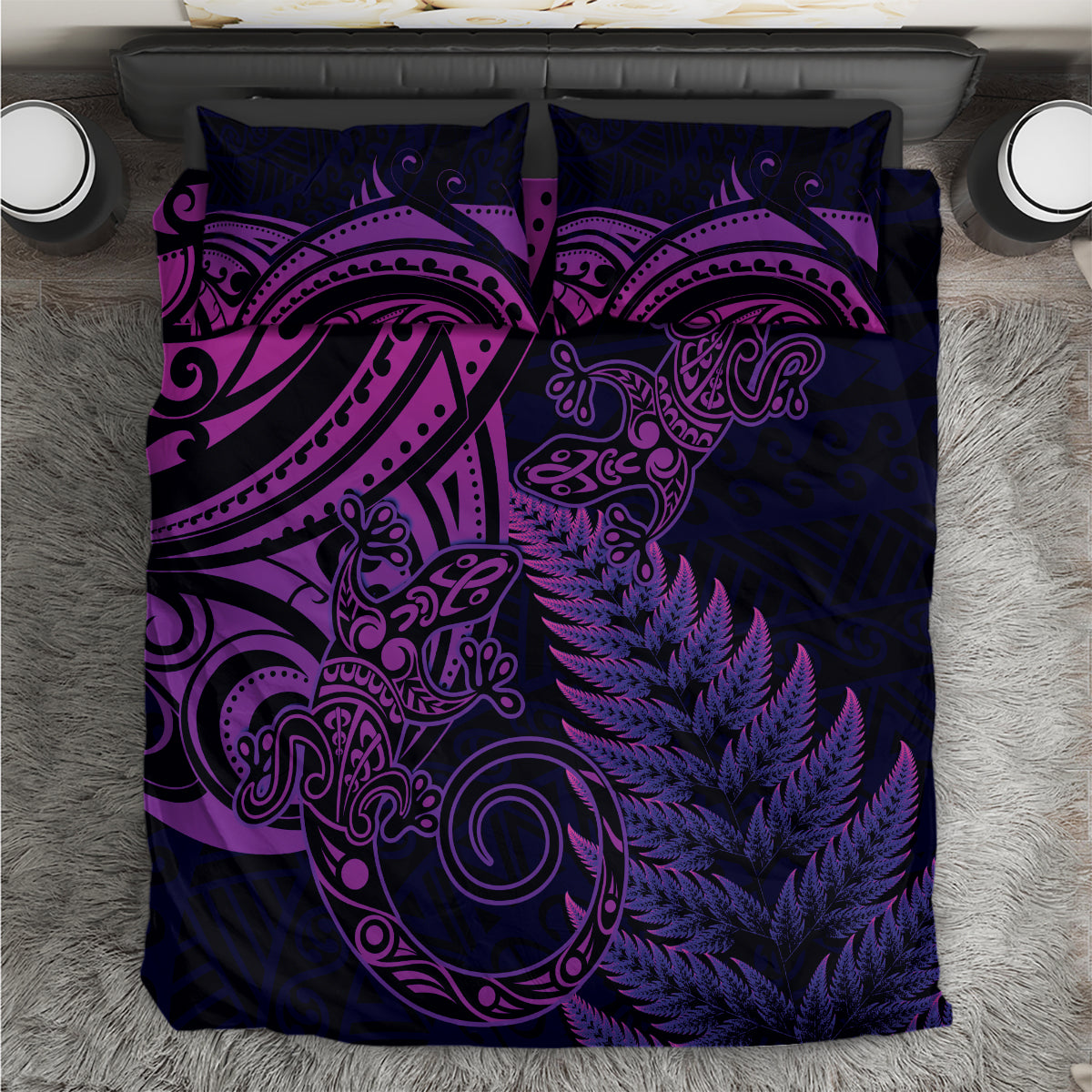 New Zealand Lizard Bedding Set Silver Fern Aotearoa Maori Purple Version - Vibe Hoodie Shop