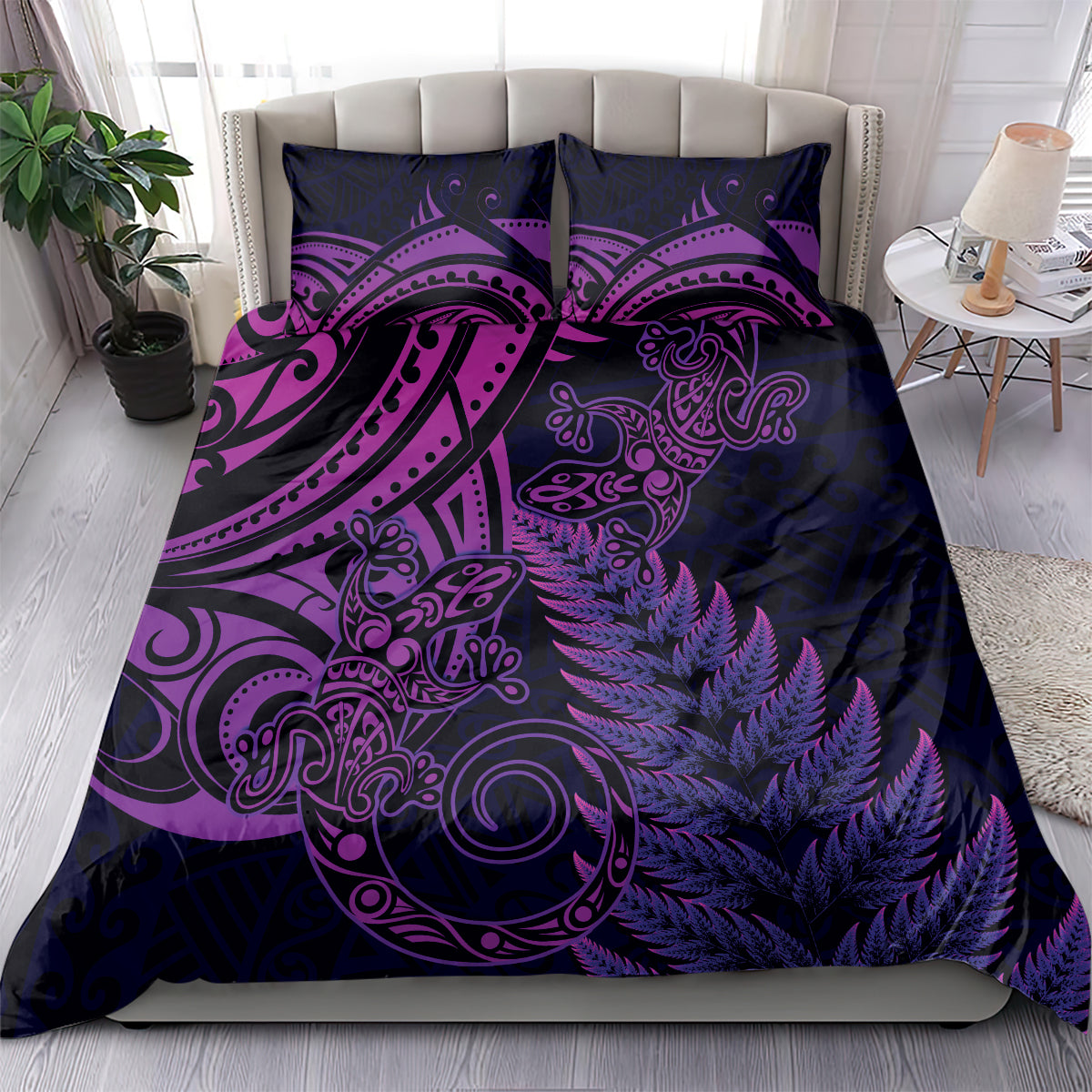 New Zealand Lizard Bedding Set Silver Fern Aotearoa Maori Purple Version - Vibe Hoodie Shop