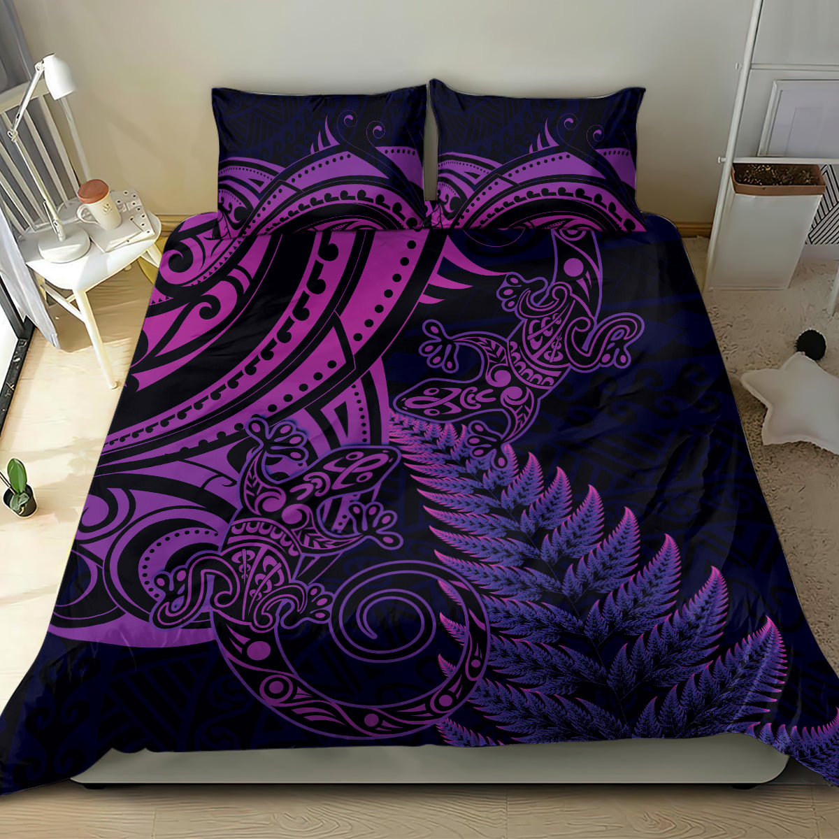 New Zealand Lizard Bedding Set Silver Fern Aotearoa Maori Purple Version - Vibe Hoodie Shop