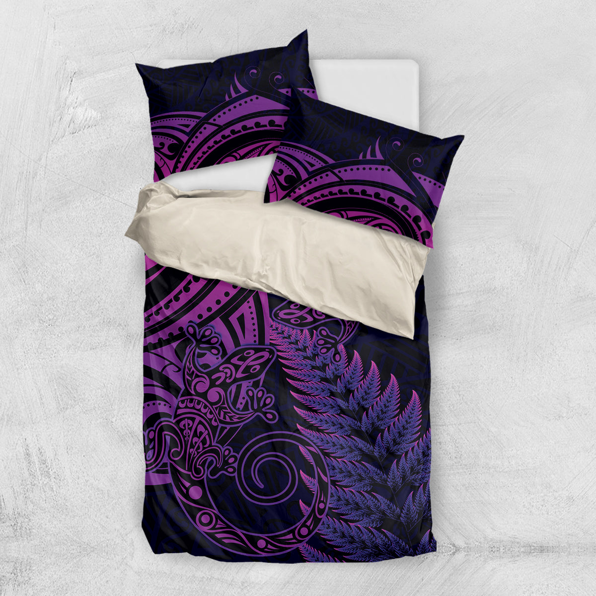 New Zealand Lizard Bedding Set Silver Fern Aotearoa Maori Purple Version - Vibe Hoodie Shop