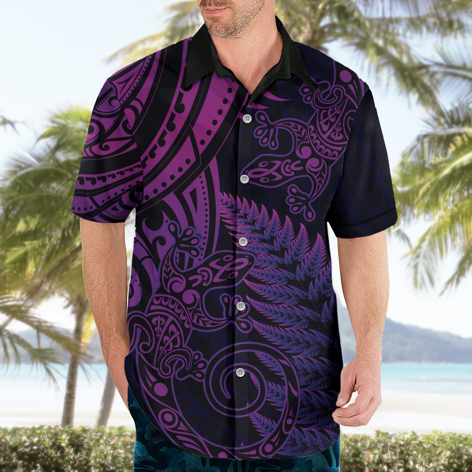 New Zealand Lizard Hawaiian Shirt Silver Fern Aotearoa Maori Purple Version - Vibe Hoodie Shop