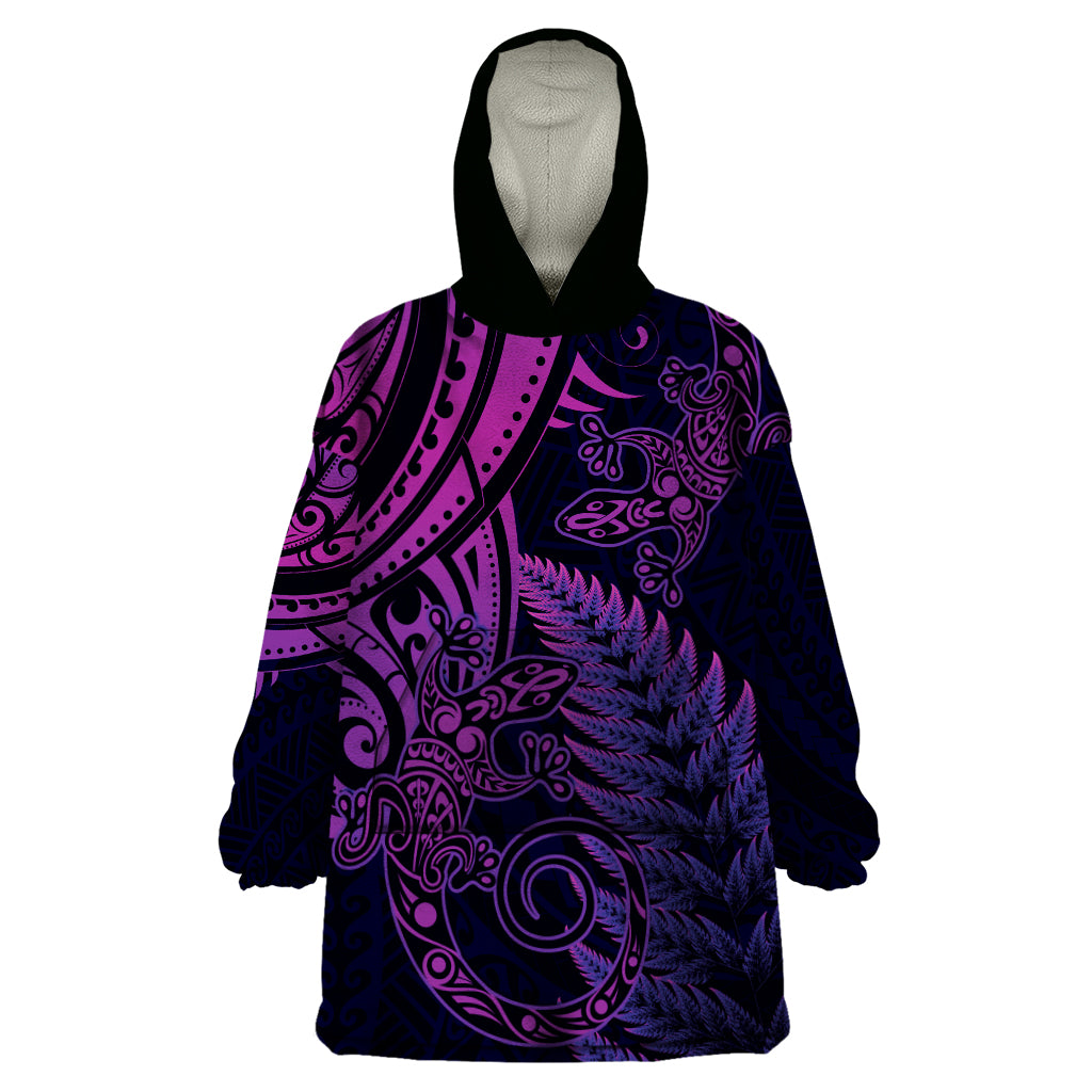 New Zealand Lizard Wearable Blanket Hoodie Silver Fern Aotearoa Maori Purple Version - Vibe Hoodie Shop