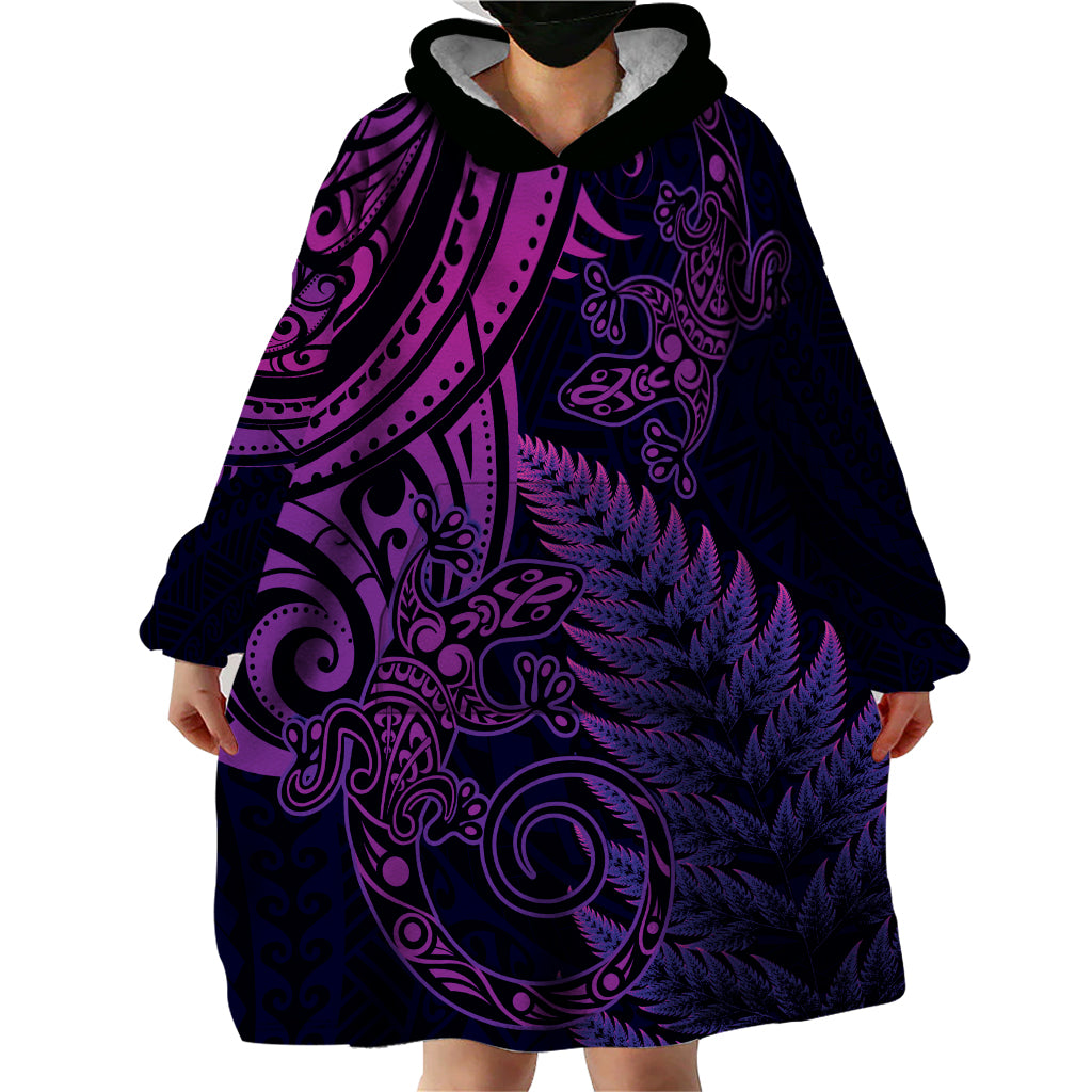 New Zealand Lizard Wearable Blanket Hoodie Silver Fern Aotearoa Maori Purple Version - Vibe Hoodie Shop