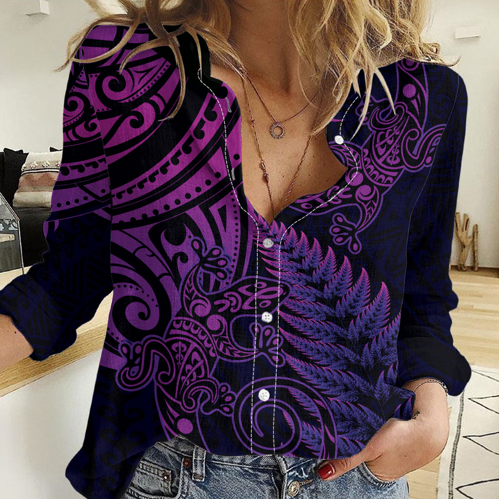 New Zealand Lizard Women Casual Shirt Silver Fern Aotearoa Maori Purple Version - Vibe Hoodie Shop