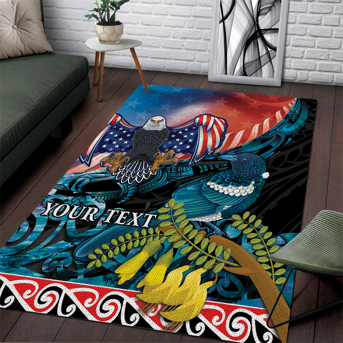 Personalised United States And New Zealand Area Rug USA Eagle With Kowhai Aotearoa Tui Bird - Vibe Hoodie Shop