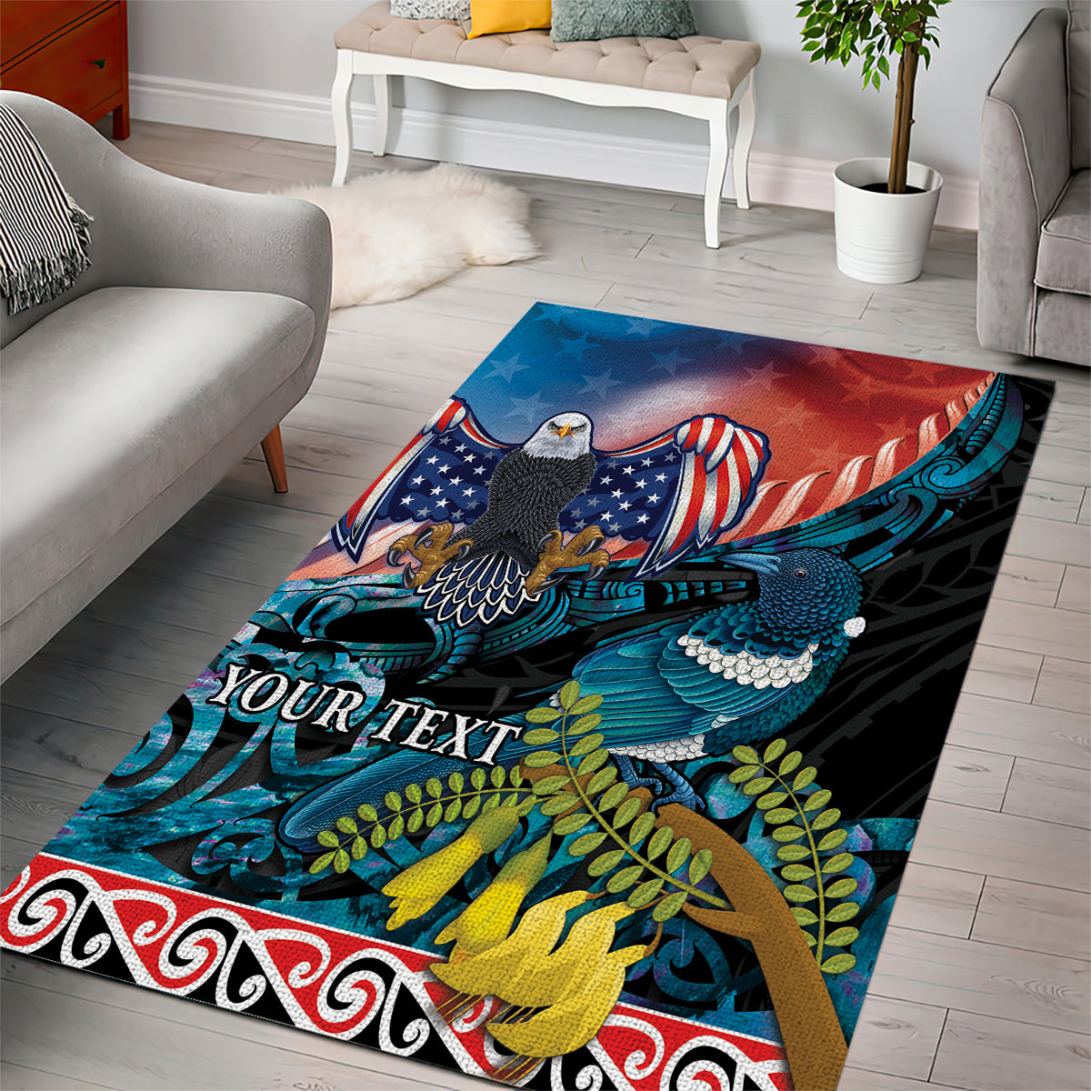 Personalised United States And New Zealand Area Rug USA Eagle With Kowhai Aotearoa Tui Bird - Vibe Hoodie Shop