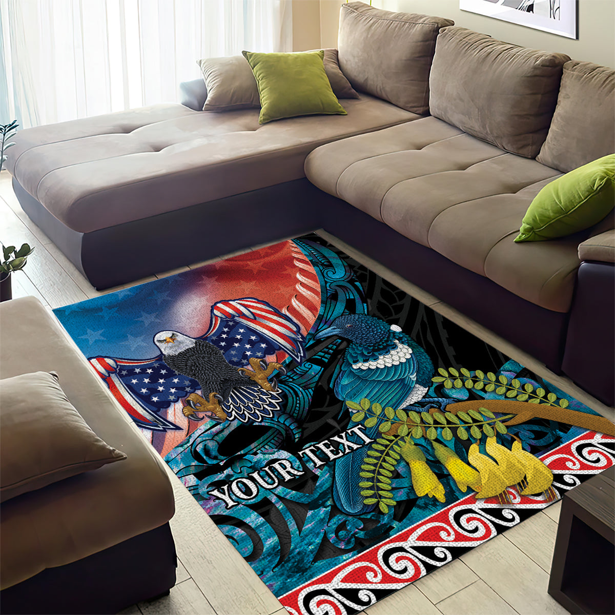 Personalised United States And New Zealand Area Rug USA Eagle With Kowhai Aotearoa Tui Bird - Vibe Hoodie Shop