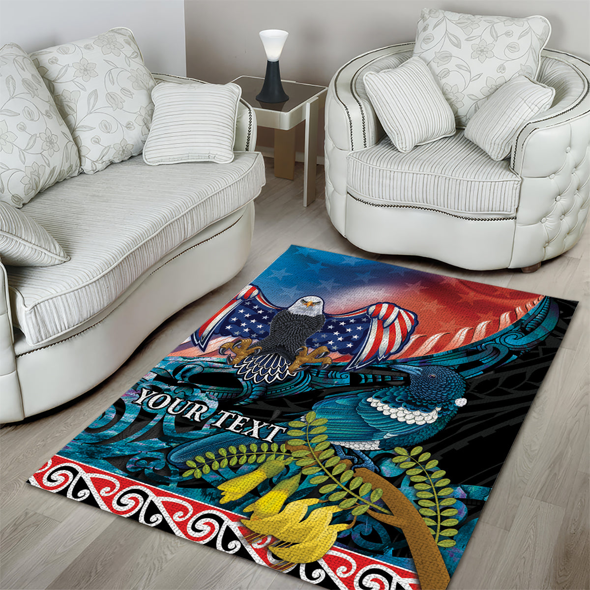 Personalised United States And New Zealand Area Rug USA Eagle With Kowhai Aotearoa Tui Bird - Vibe Hoodie Shop