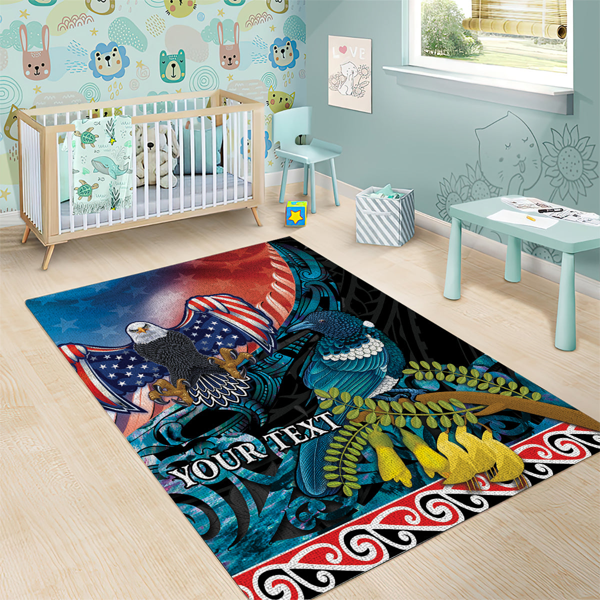 Personalised United States And New Zealand Area Rug USA Eagle With Kowhai Aotearoa Tui Bird - Vibe Hoodie Shop