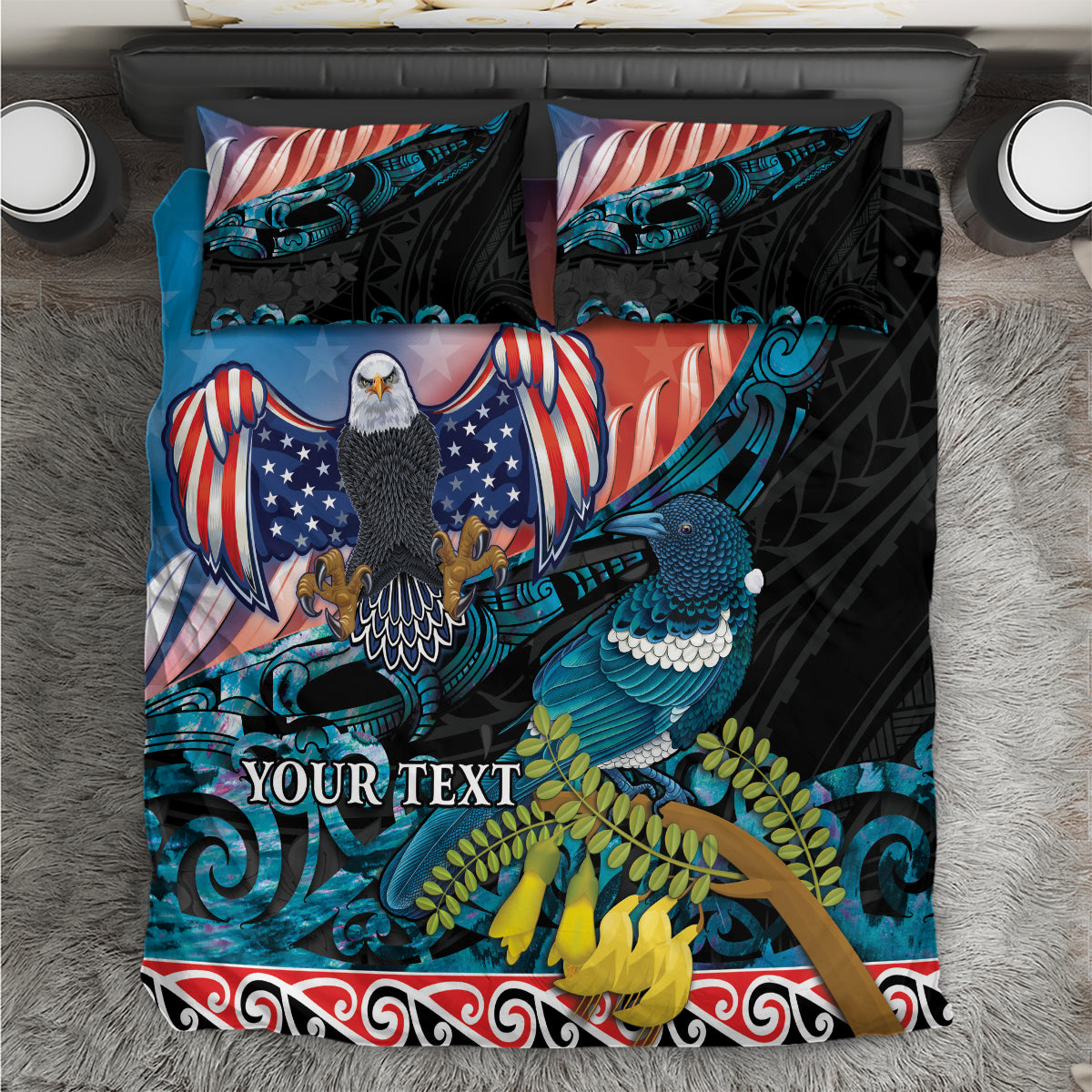 Personalised United States And New Zealand Bedding Set USA Eagle With Kowhai Aotearoa Tui Bird - Vibe Hoodie Shop