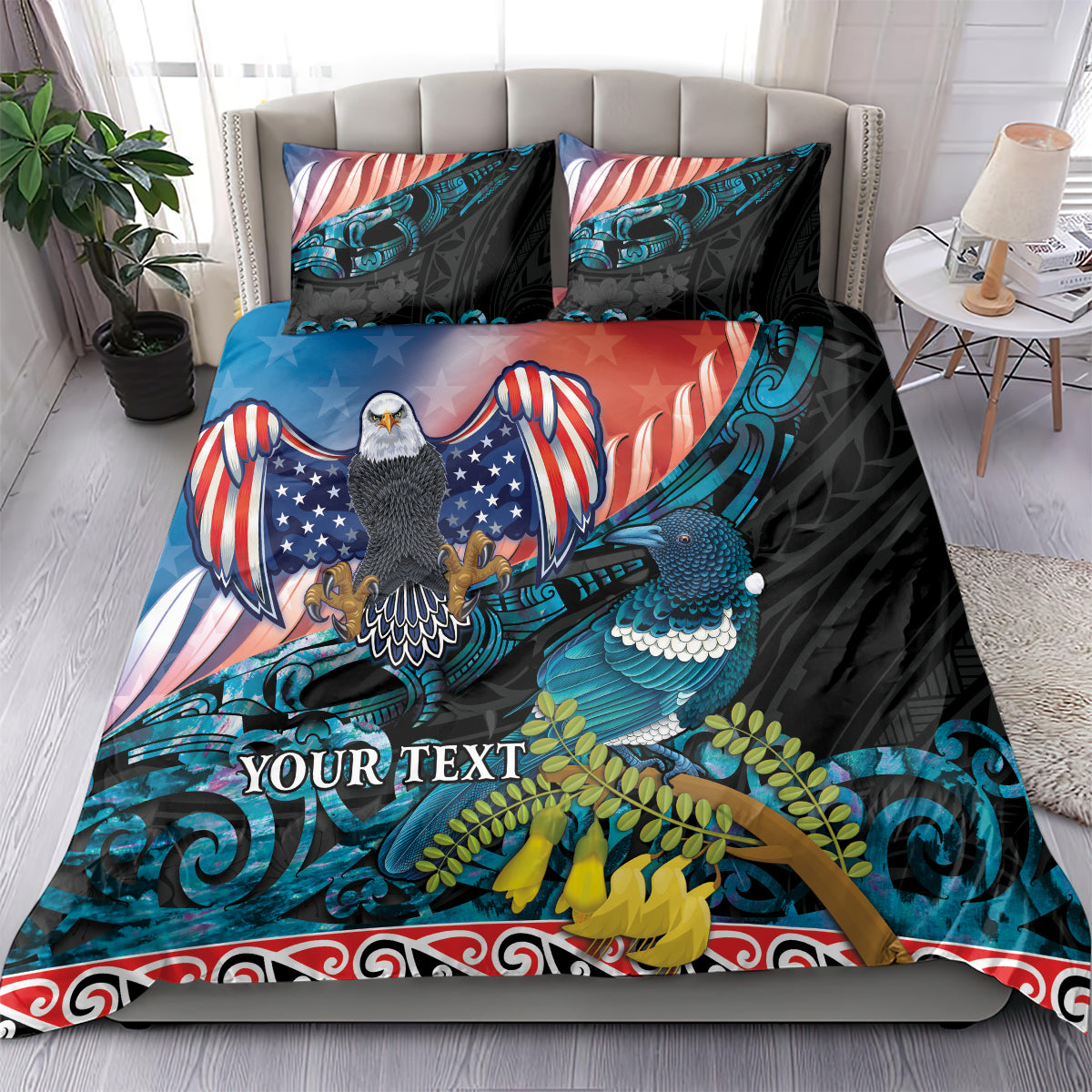 Personalised United States And New Zealand Bedding Set USA Eagle With Kowhai Aotearoa Tui Bird - Vibe Hoodie Shop