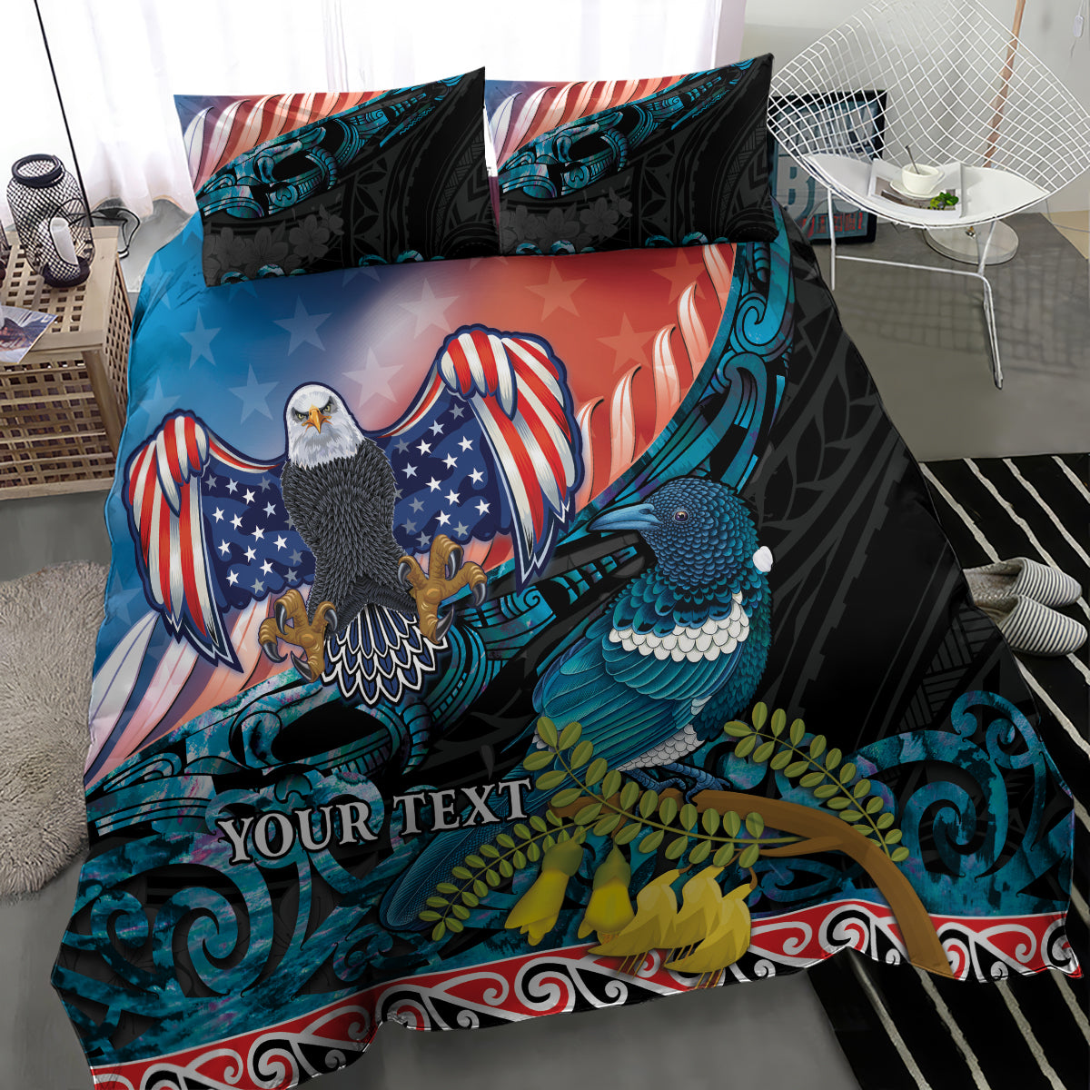 Personalised United States And New Zealand Bedding Set USA Eagle With Kowhai Aotearoa Tui Bird - Vibe Hoodie Shop