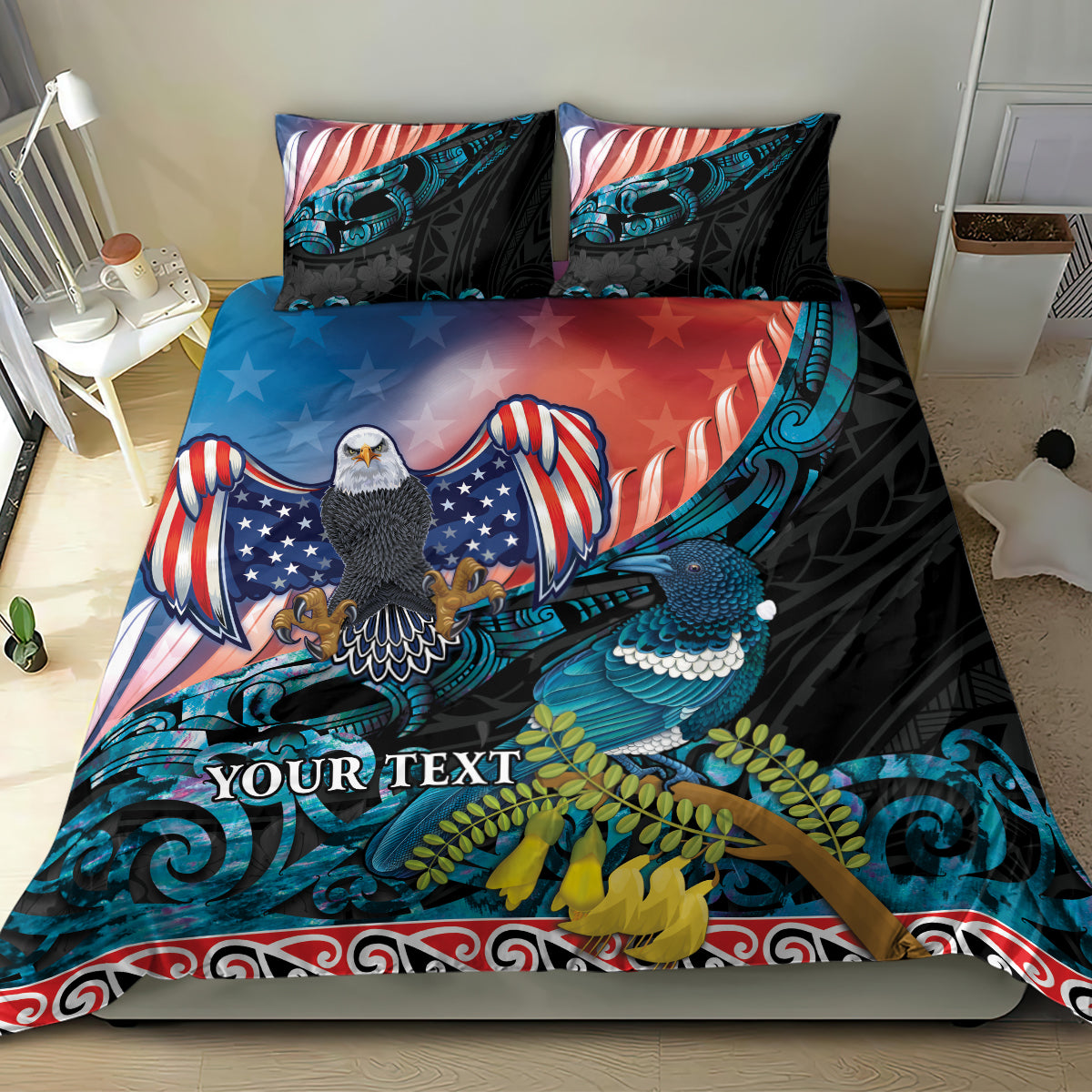 Personalised United States And New Zealand Bedding Set USA Eagle With Kowhai Aotearoa Tui Bird - Vibe Hoodie Shop
