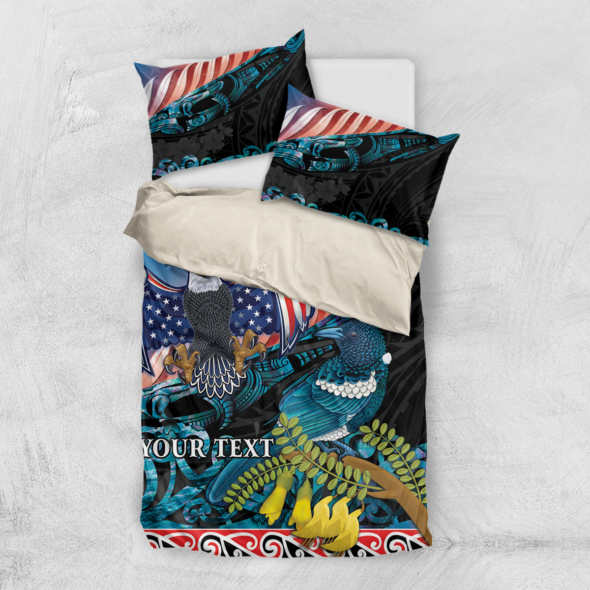 Personalised United States And New Zealand Bedding Set USA Eagle With Kowhai Aotearoa Tui Bird - Vibe Hoodie Shop