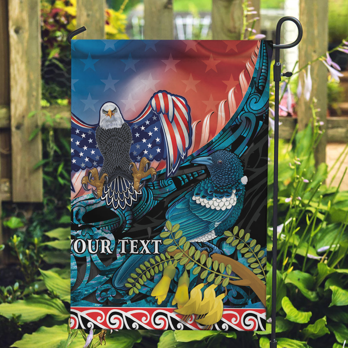 Personalised United States And New Zealand Garden Flag USA Eagle With Kowhai Aotearoa Tui Bird - Vibe Hoodie Shop