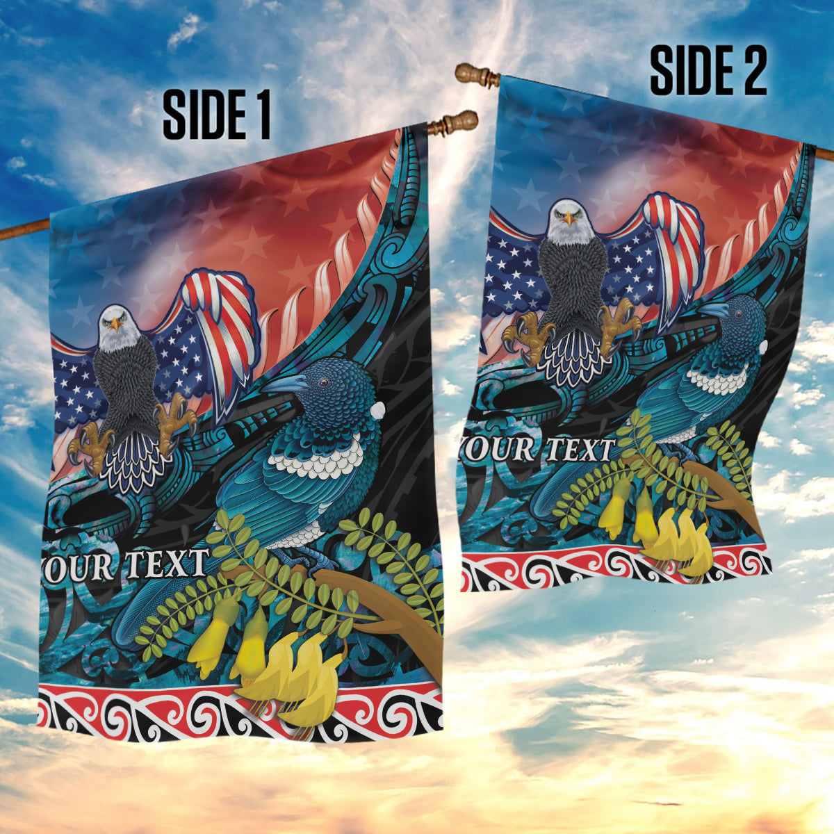 Personalised United States And New Zealand Garden Flag USA Eagle With Kowhai Aotearoa Tui Bird - Vibe Hoodie Shop