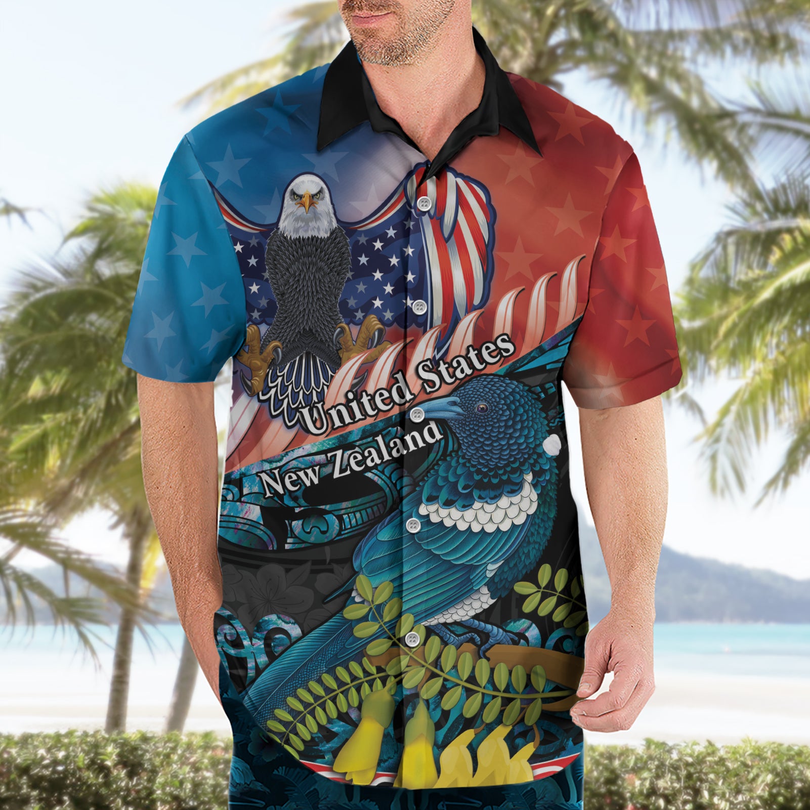 Personalised United States And New Zealand Hawaiian Shirt USA Eagle With Kowhai Aotearoa Tui Bird - Vibe Hoodie Shop