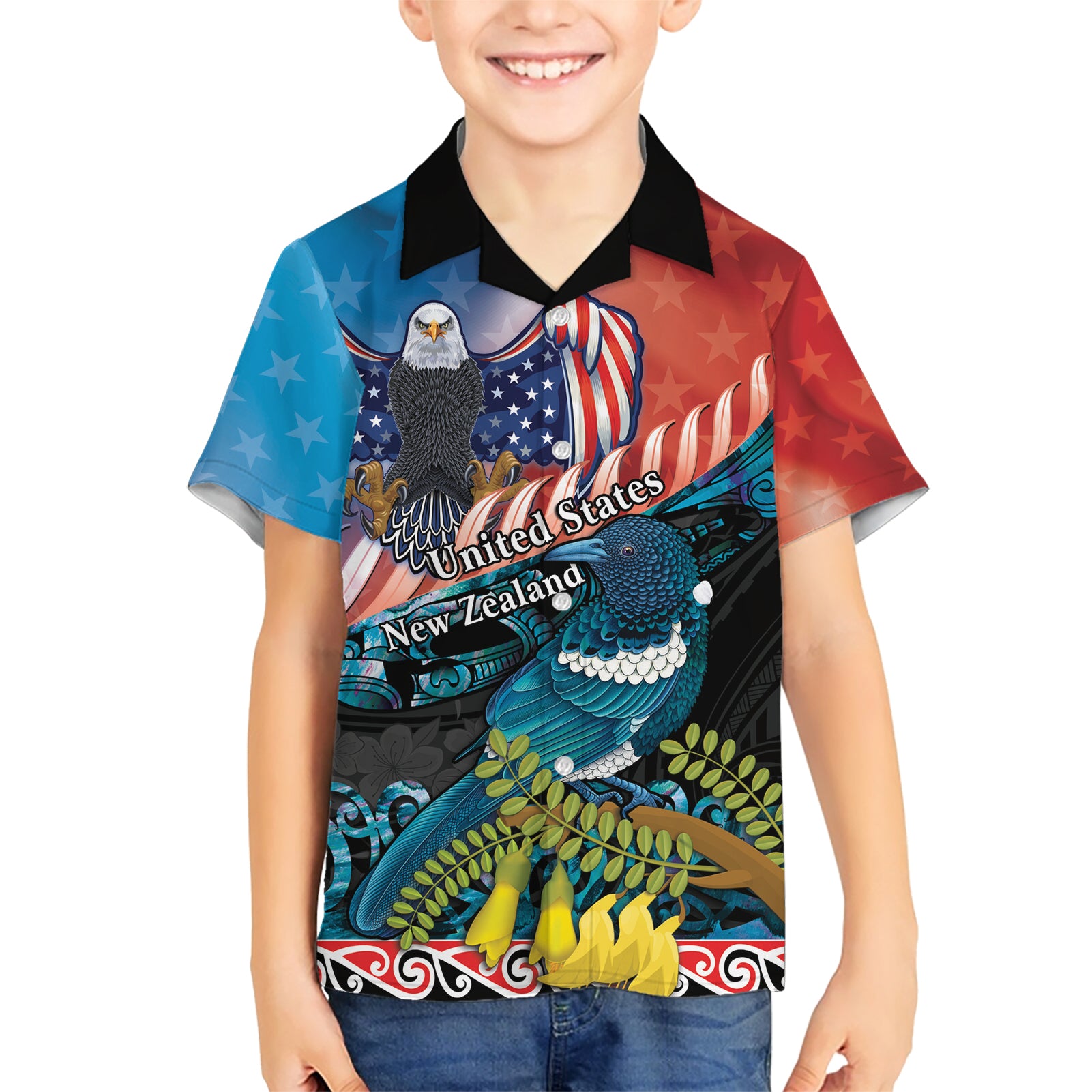 Personalised United States And New Zealand Hawaiian Shirt USA Eagle With Kowhai Aotearoa Tui Bird - Vibe Hoodie Shop