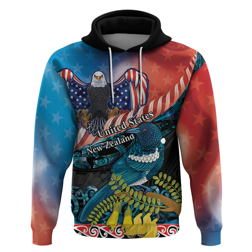 Personalised United States And New Zealand Hoodie USA Eagle With Kowhai Aotearoa Tui Bird - Vibe Hoodie Shop