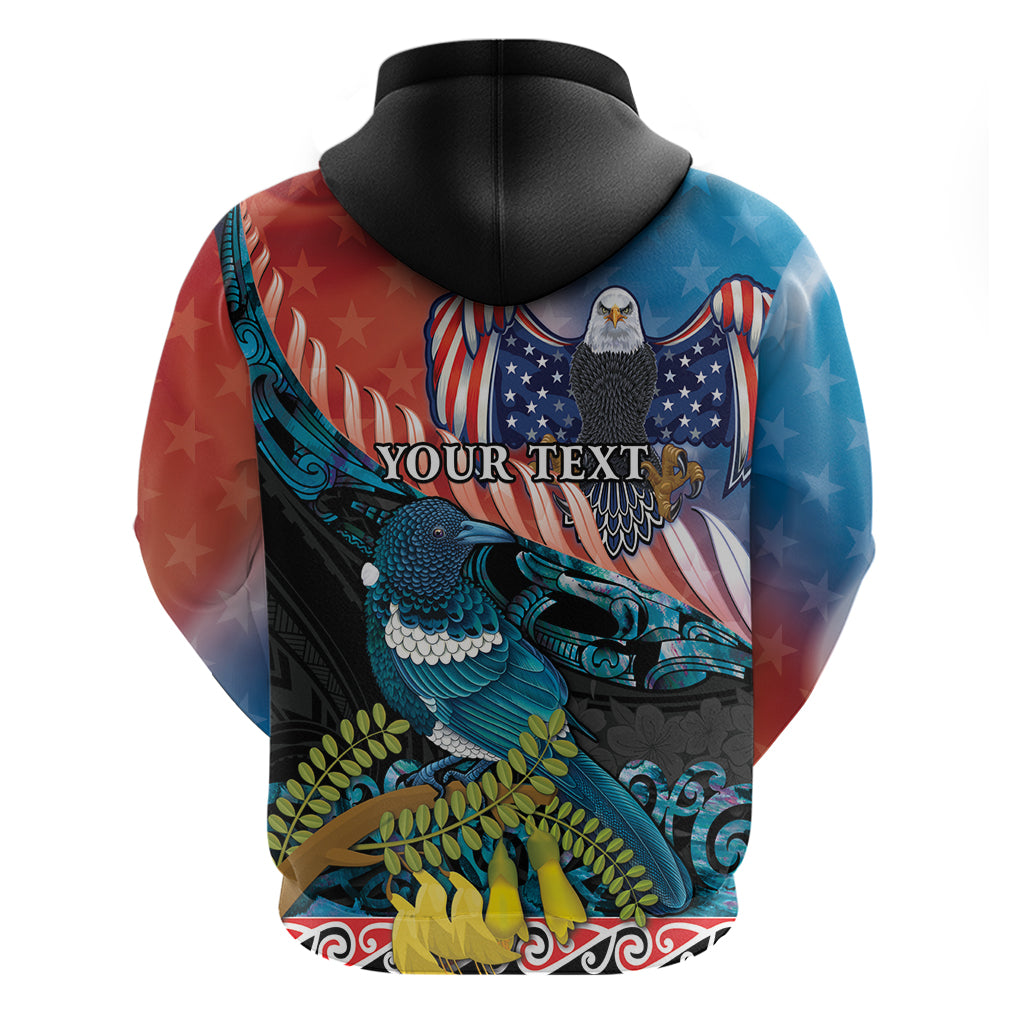 Personalised United States And New Zealand Hoodie USA Eagle With Kowhai Aotearoa Tui Bird - Vibe Hoodie Shop
