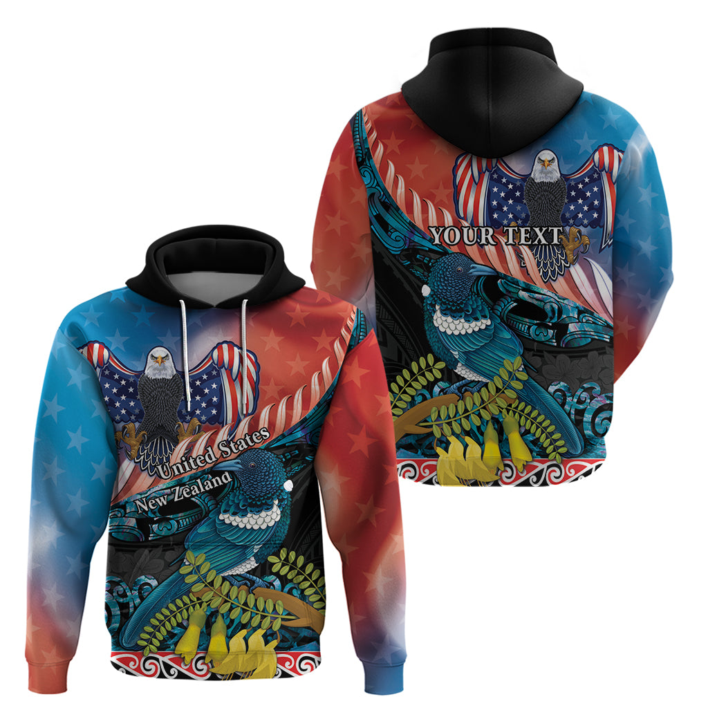 Personalised United States And New Zealand Hoodie USA Eagle With Kowhai Aotearoa Tui Bird - Vibe Hoodie Shop