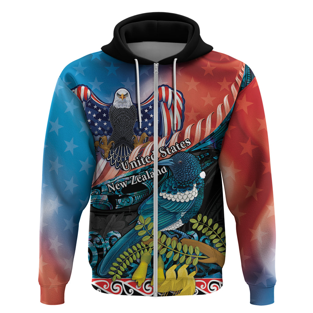 Personalised United States And New Zealand Hoodie USA Eagle With Kowhai Aotearoa Tui Bird - Vibe Hoodie Shop