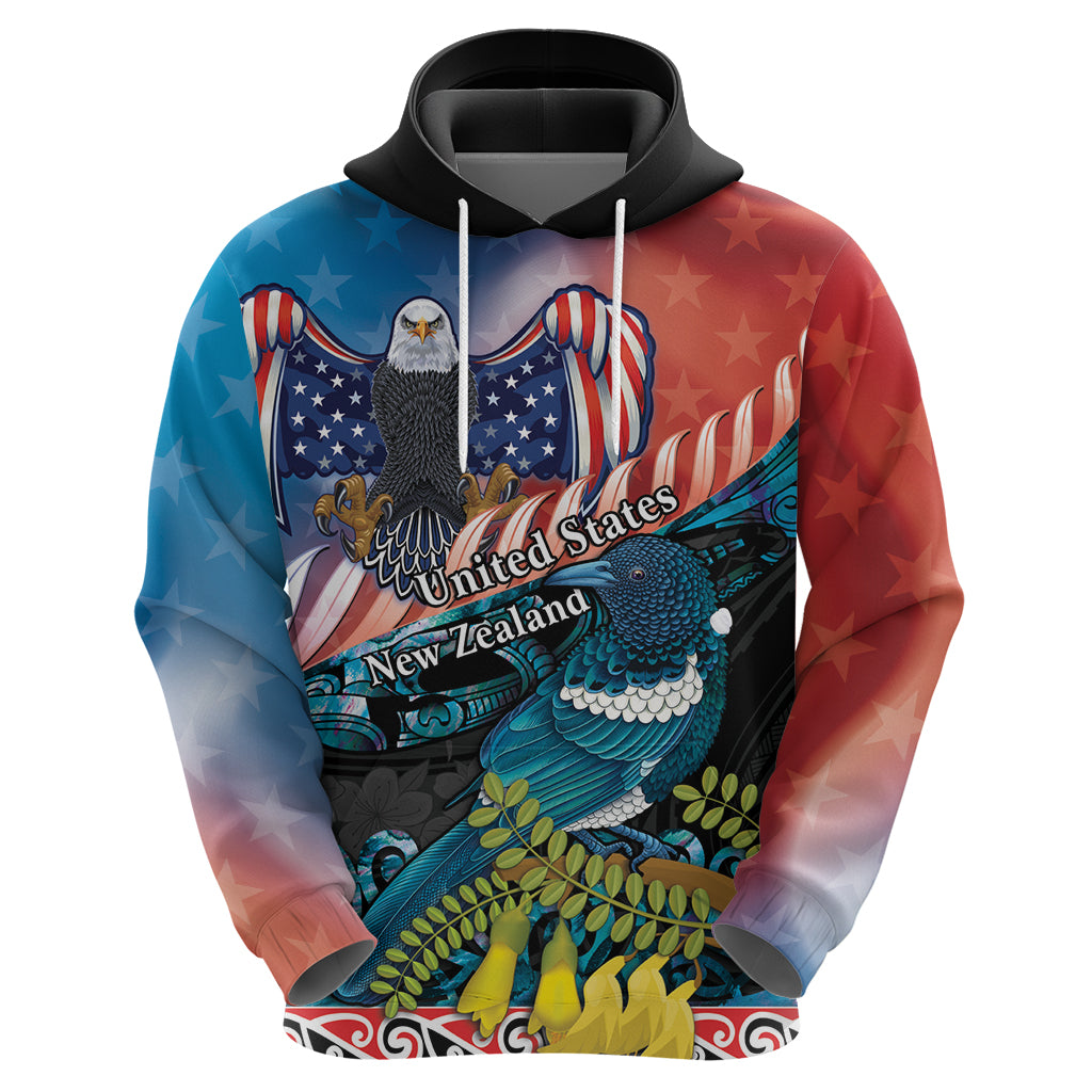 Personalised United States And New Zealand Hoodie USA Eagle With Kowhai Aotearoa Tui Bird - Vibe Hoodie Shop