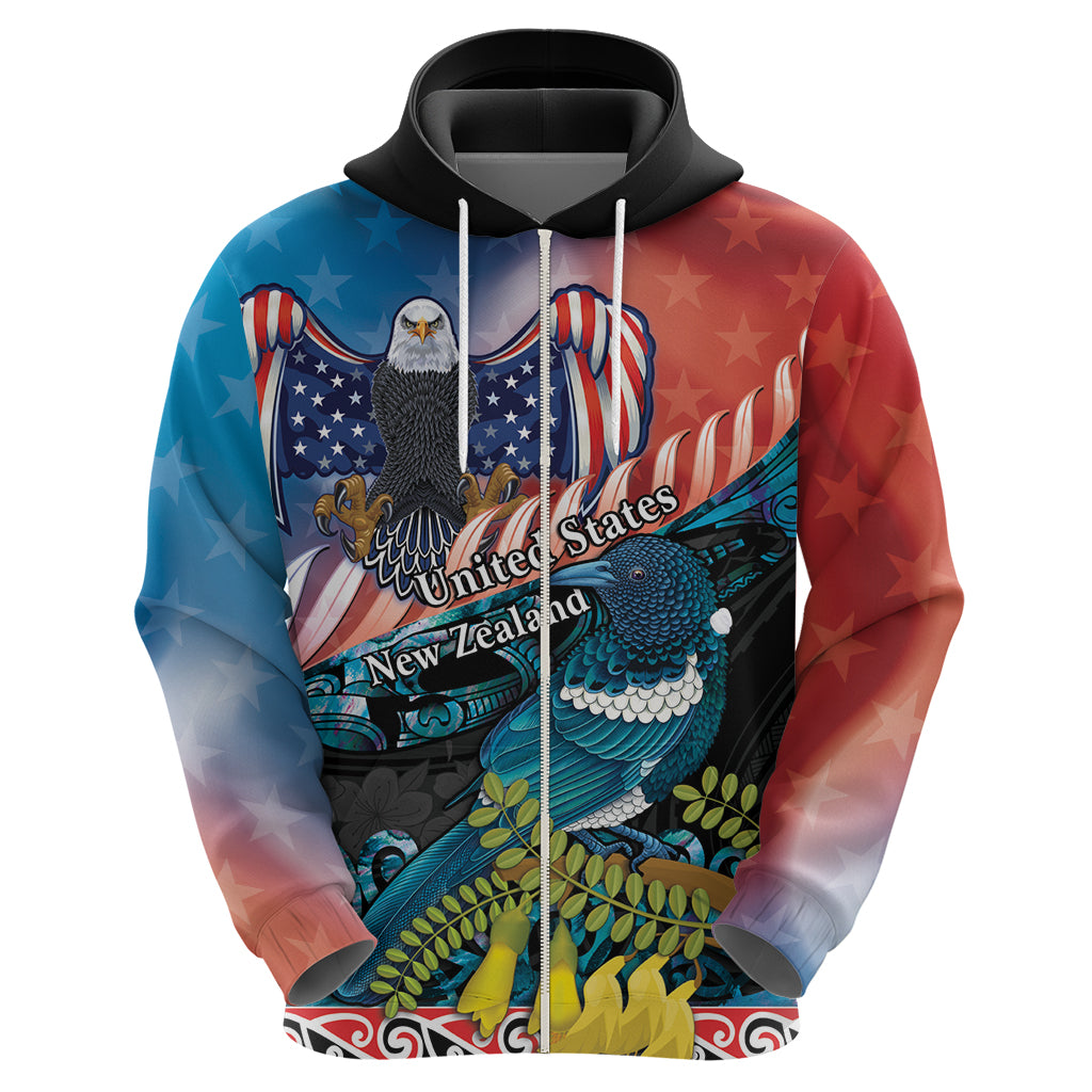 Personalised United States And New Zealand Hoodie USA Eagle With Kowhai Aotearoa Tui Bird - Vibe Hoodie Shop